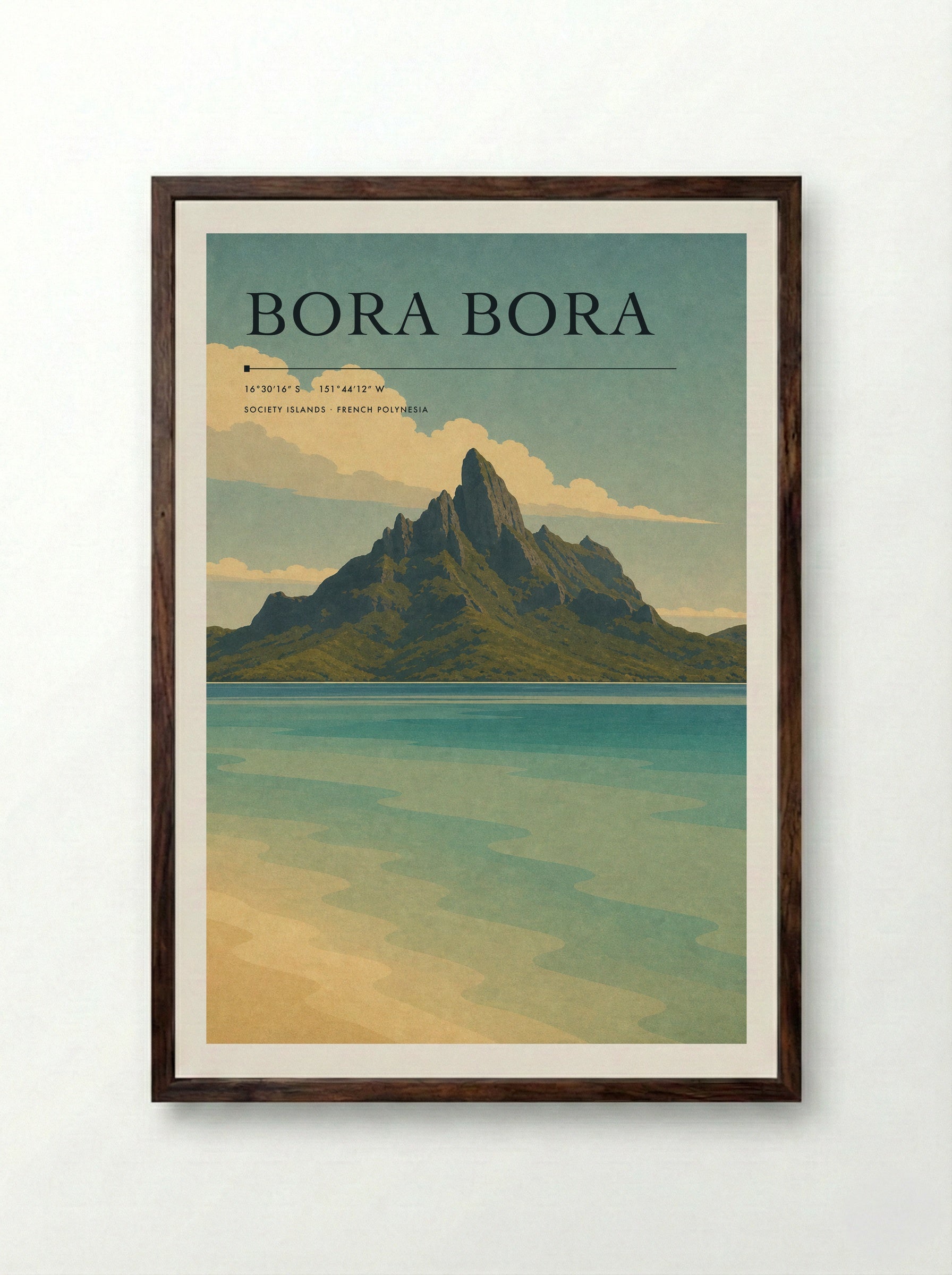 Bora Bora Travel Poster Artwork - Framed Print Dark Wood