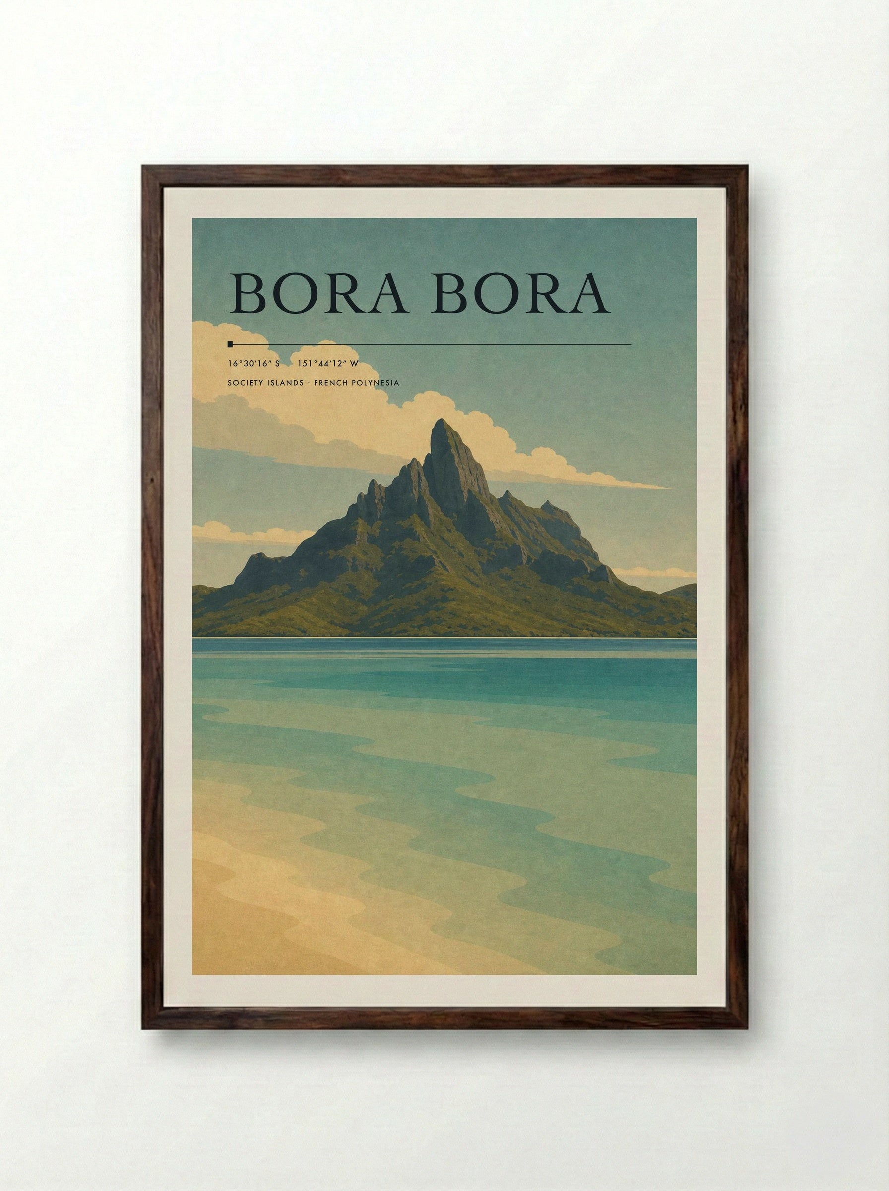 Bora Bora Travel Poster Artwork - Framed Print Dark Wood