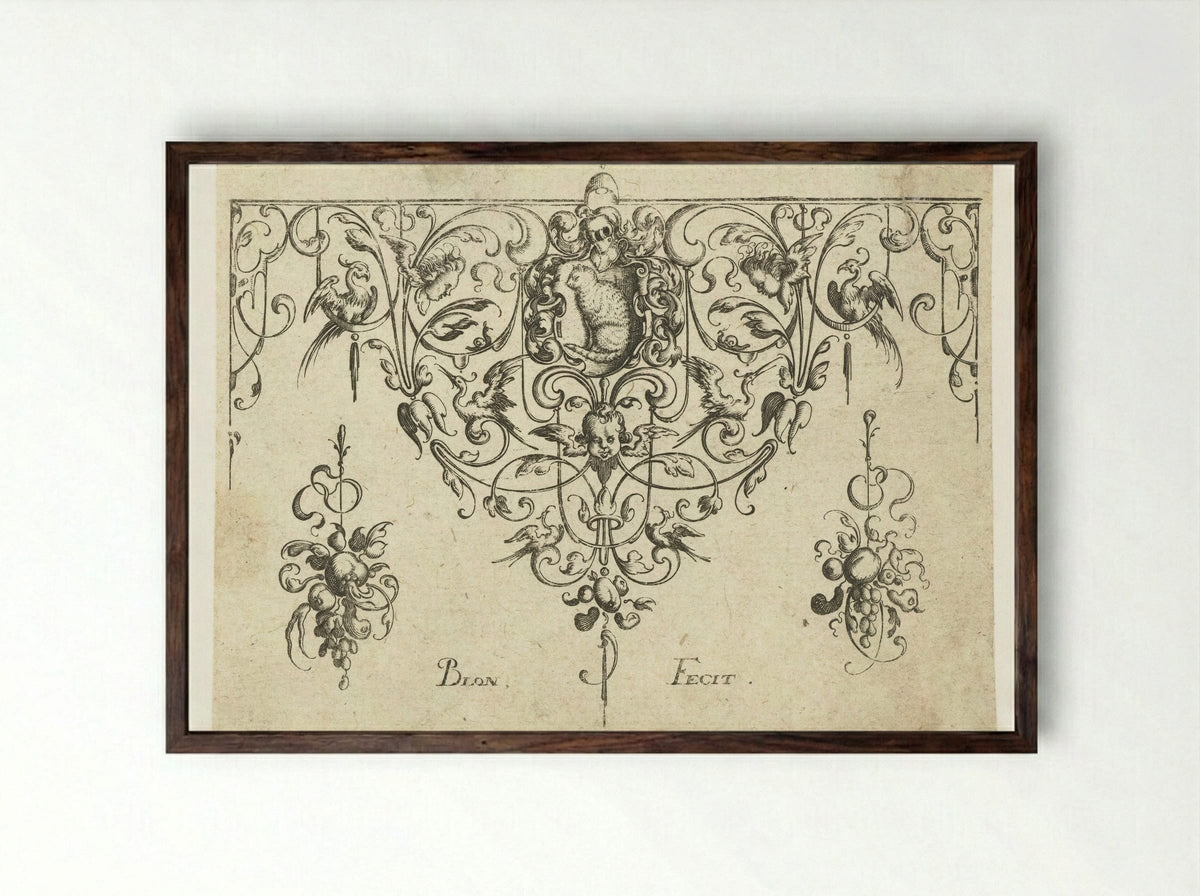 Border with Coat of Arms and Cat - Michiel le Blon - Framed Print Dark Wood