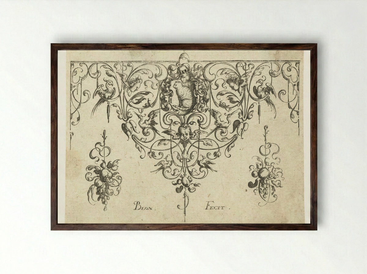 Border with Coat of Arms and Cat - Michiel le Blon - Framed Print Dark Wood