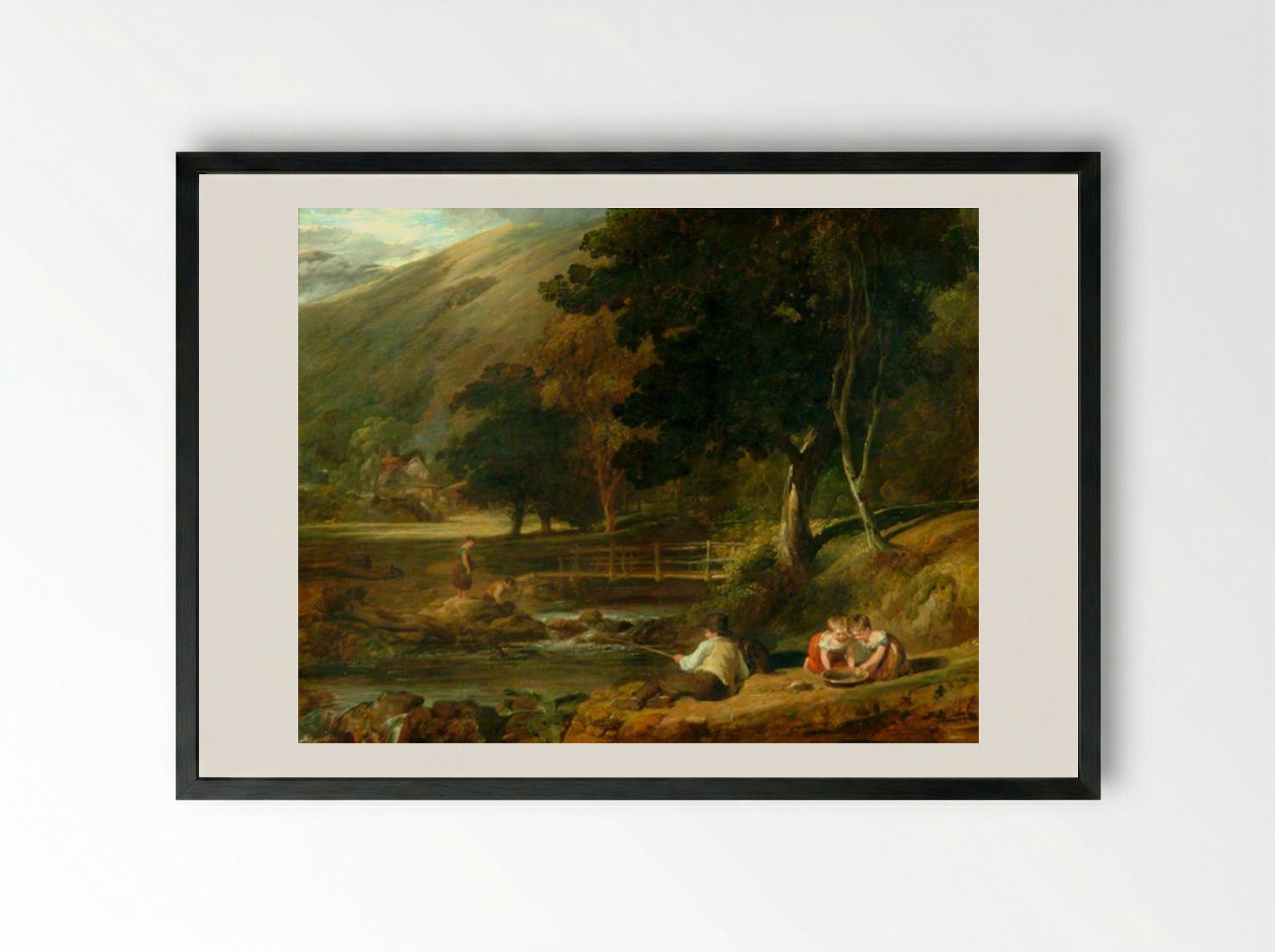 Borrowdale, Cumberland, with Children Playing by the Banks of a Brook - William Collins - Framed Print Black