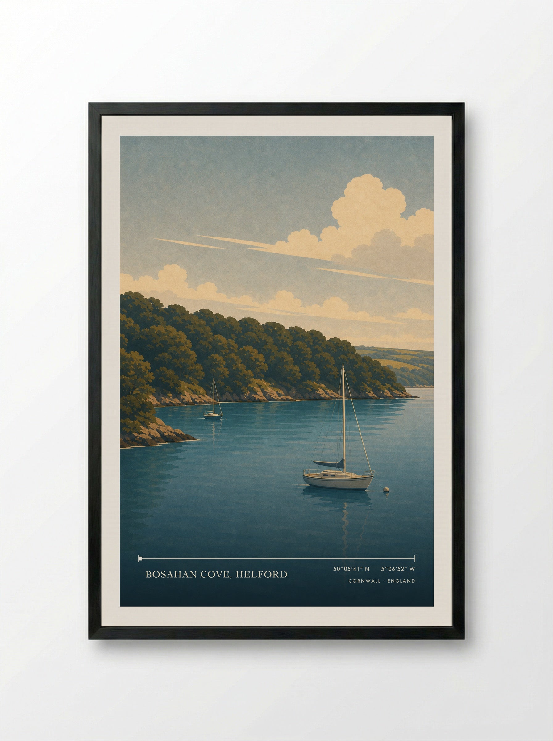 Bosahan Cove, Helford Cornwall England Travel Poster - Framed Print Black