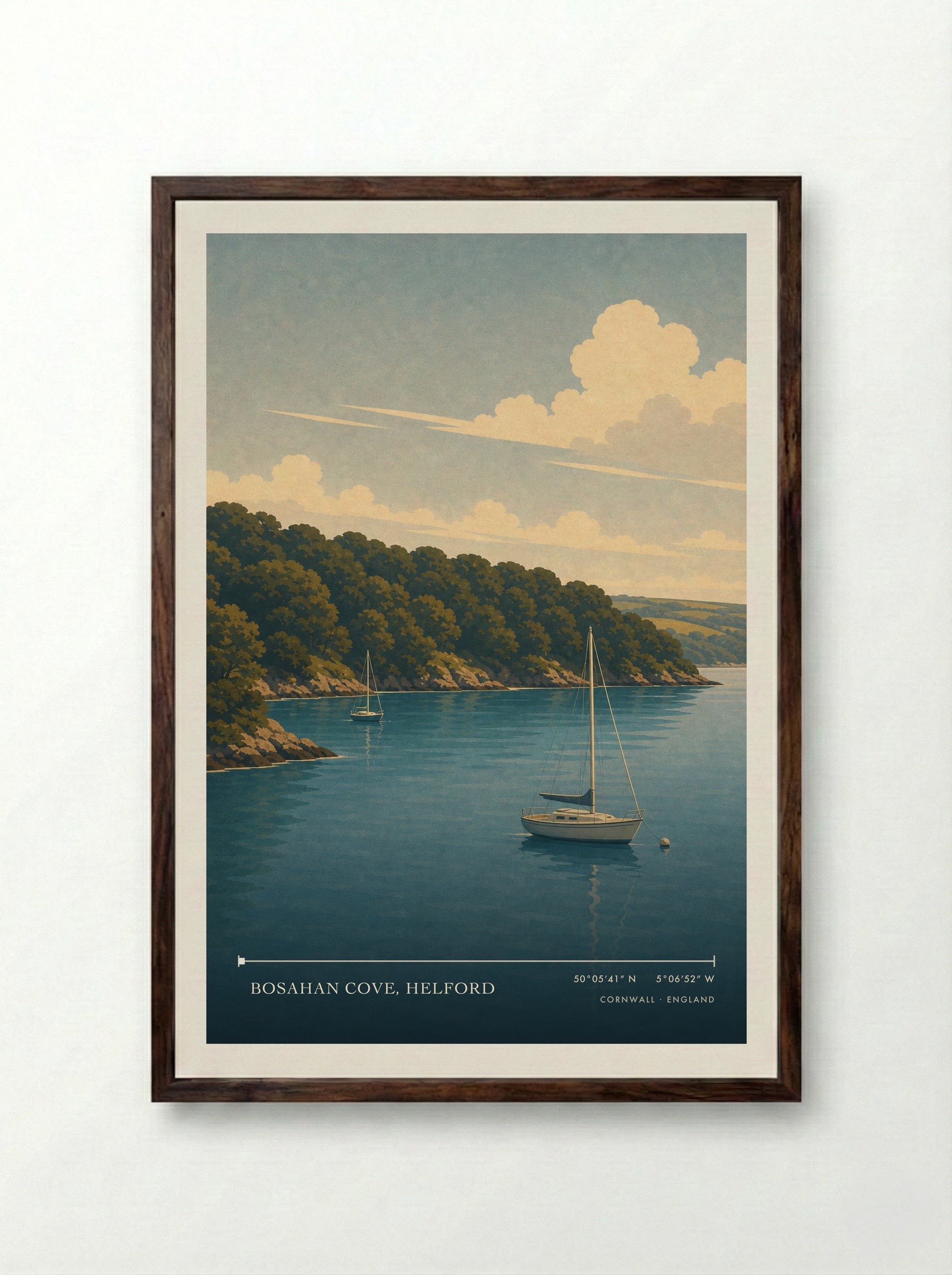 Bosahan Cove, Helford Cornwall England Travel Poster - Framed Print Dark Wood