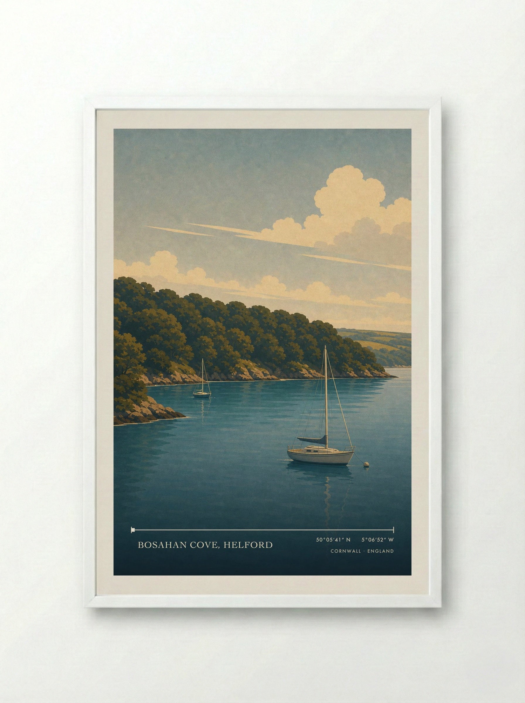 Bosahan Cove, Helford Cornwall England Travel Poster - Framed Print White