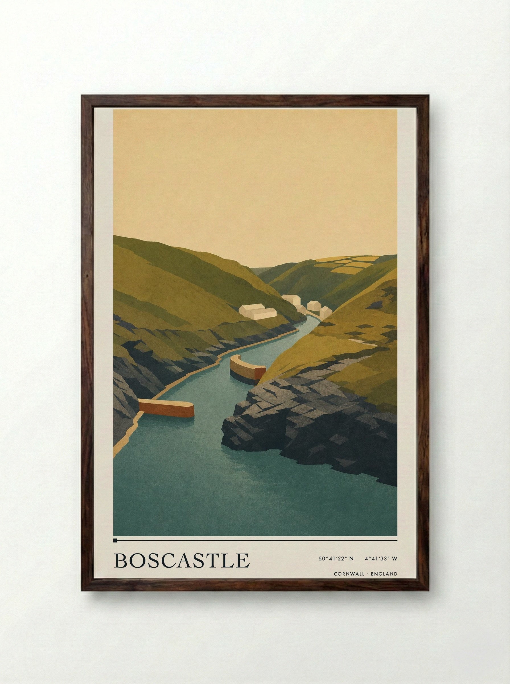 Boscastle Cornwall England Travel Poster - Framed Print Dark Wood