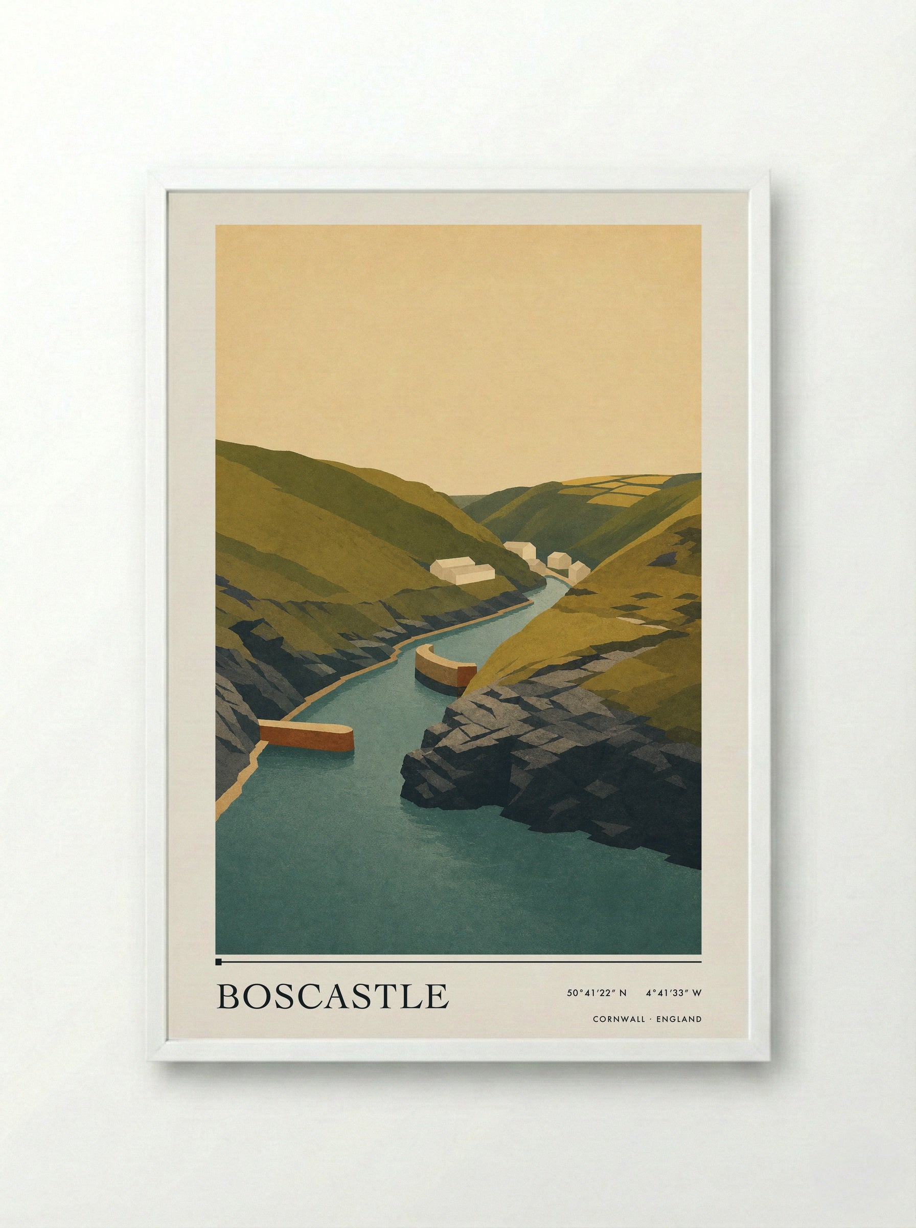 Boscastle Cornwall England Travel Poster - Framed Print White