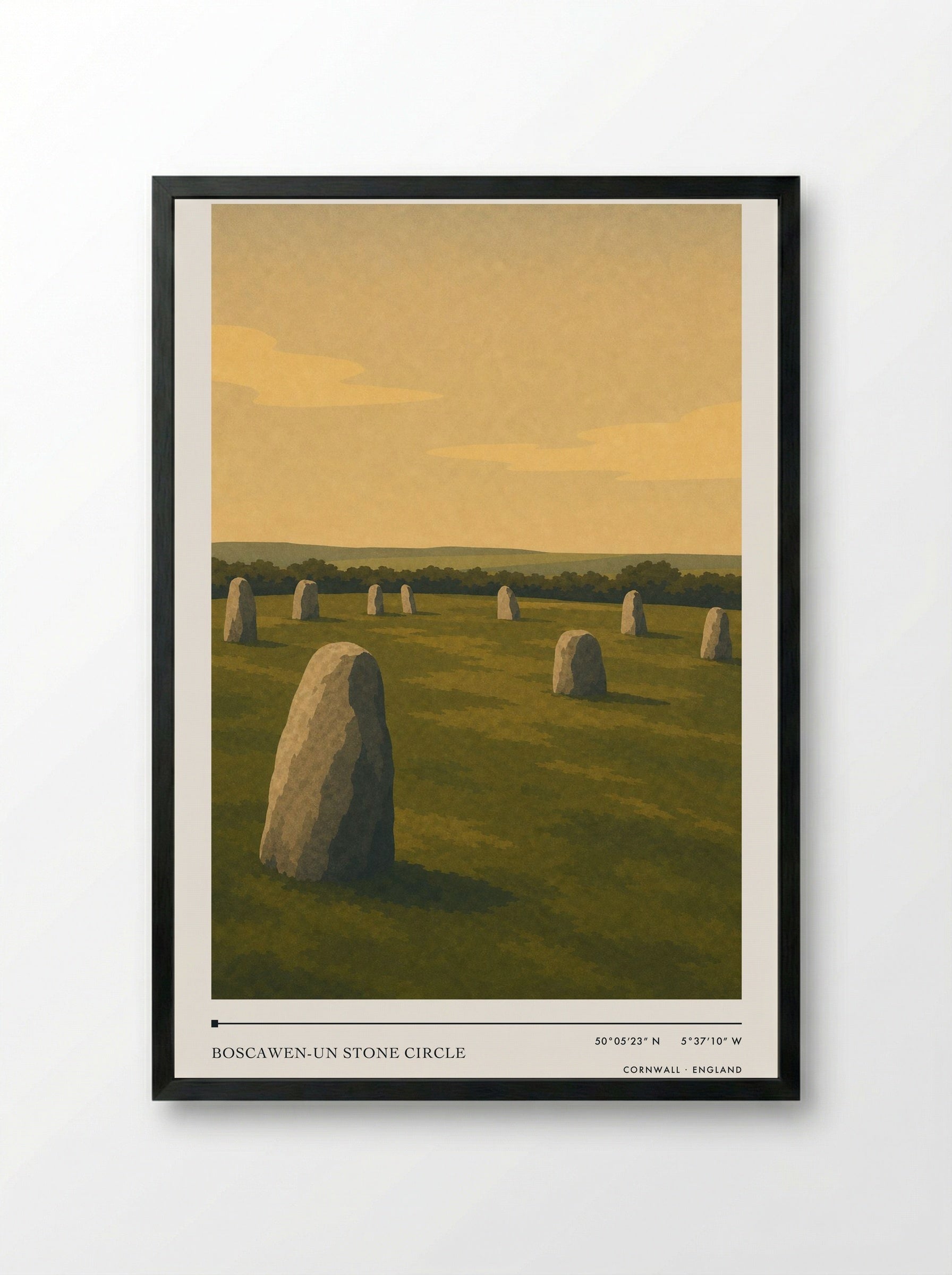 Boscawen-un Stone Circle Cornwall England Travel Poster - Framed Print Black