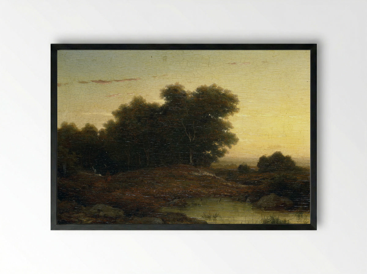 Bosgezicht bij zonsondergang - Louwrens Hanedoes - Framed Print Black