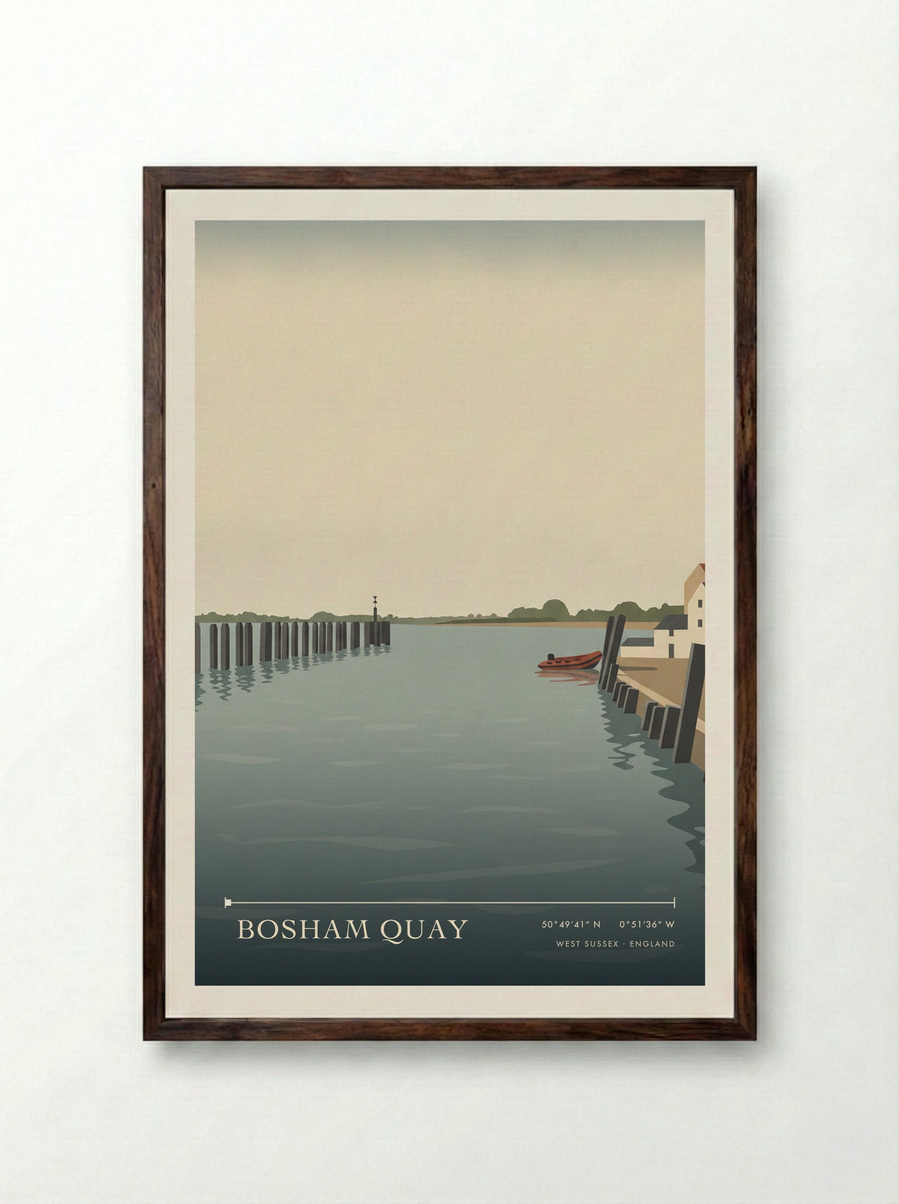 Bosham Quay West Sussex England Travel Poster - Framed Print Dark Wood