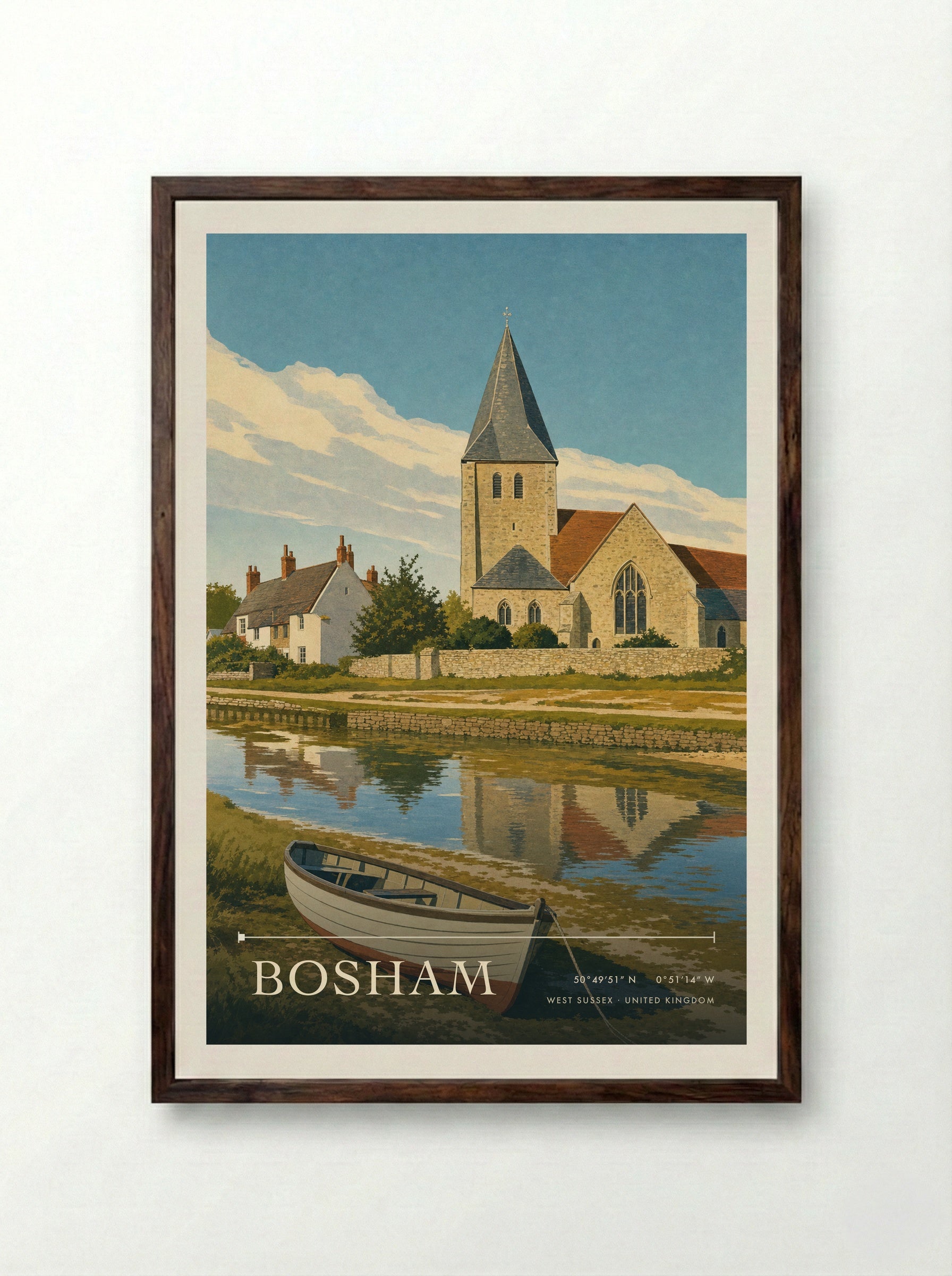 Bosham West Sussex United Kingdom Travel Poster - Framed Print Dark Wood