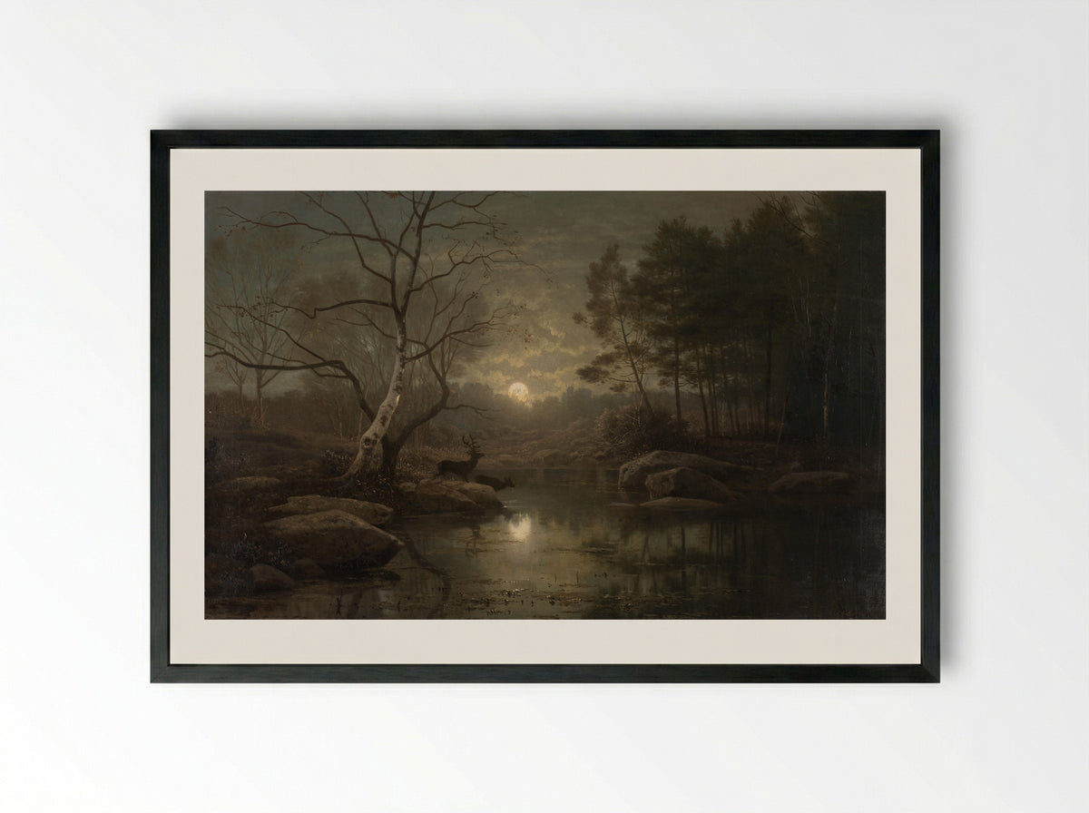 Boslandschap bij maanlicht - Georg Eduard Otto Saal - Framed Print Black