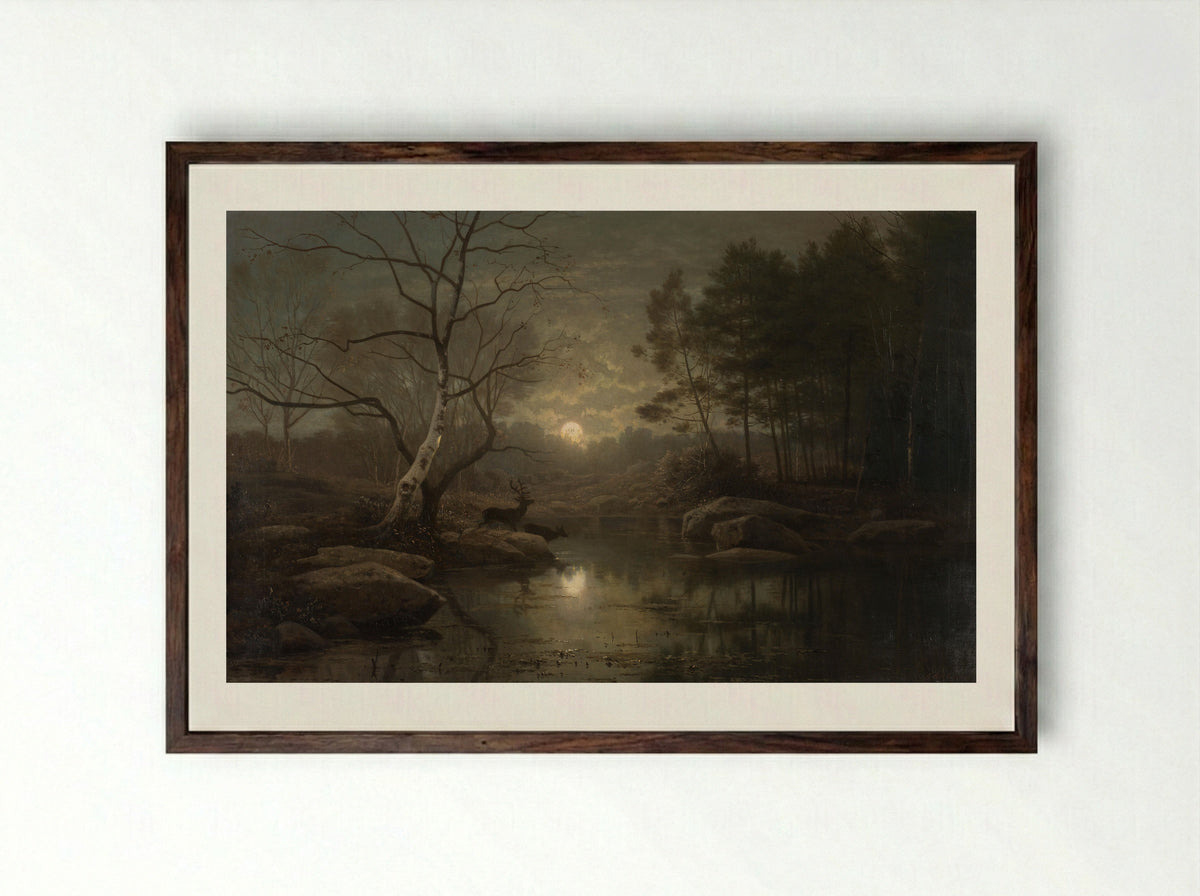 Boslandschap bij maanlicht - Georg Eduard Otto Saal - Framed Print Dark Wood