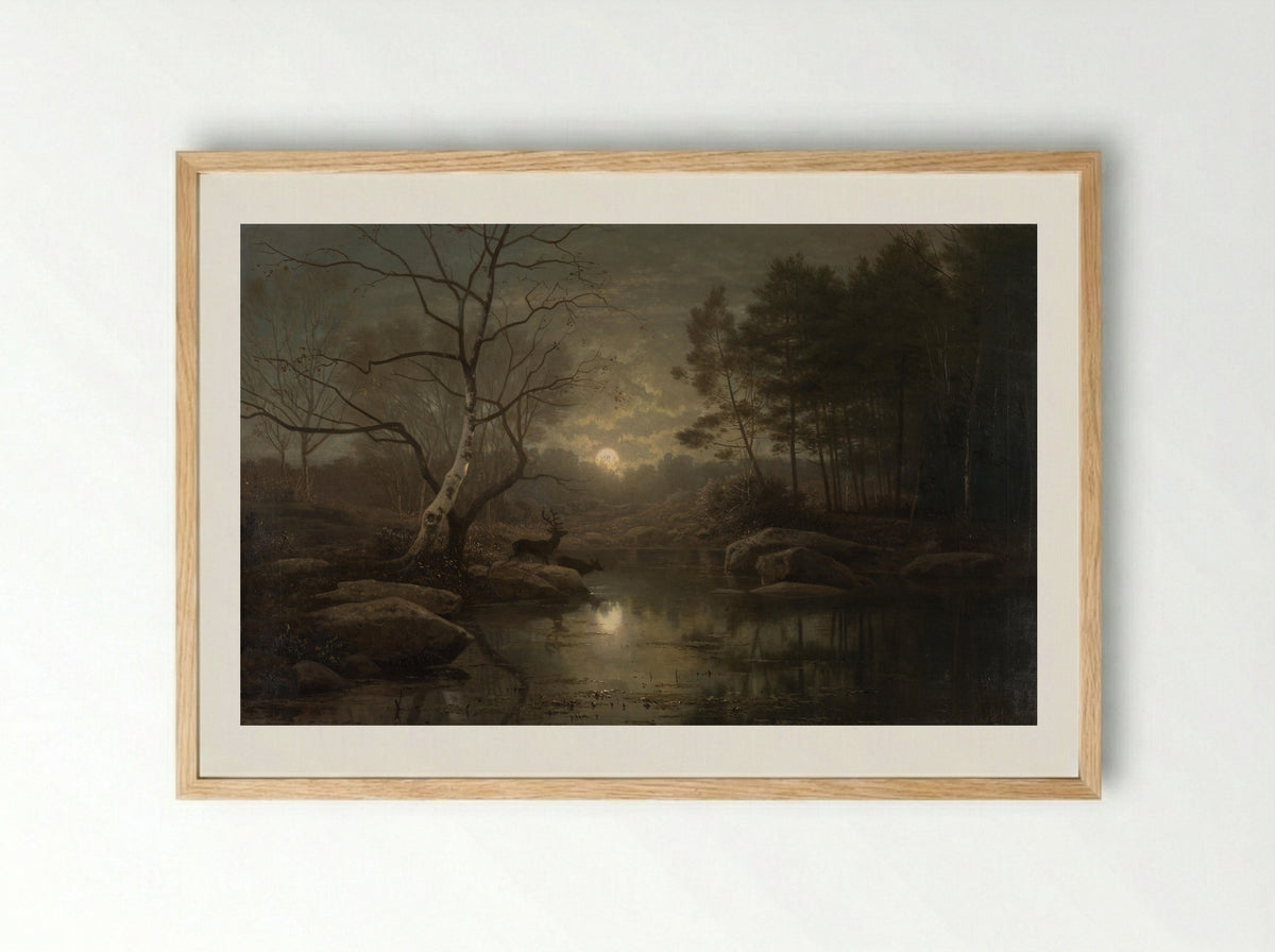 Boslandschap bij maanlicht - Georg Eduard Otto Saal - Framed Print Wood