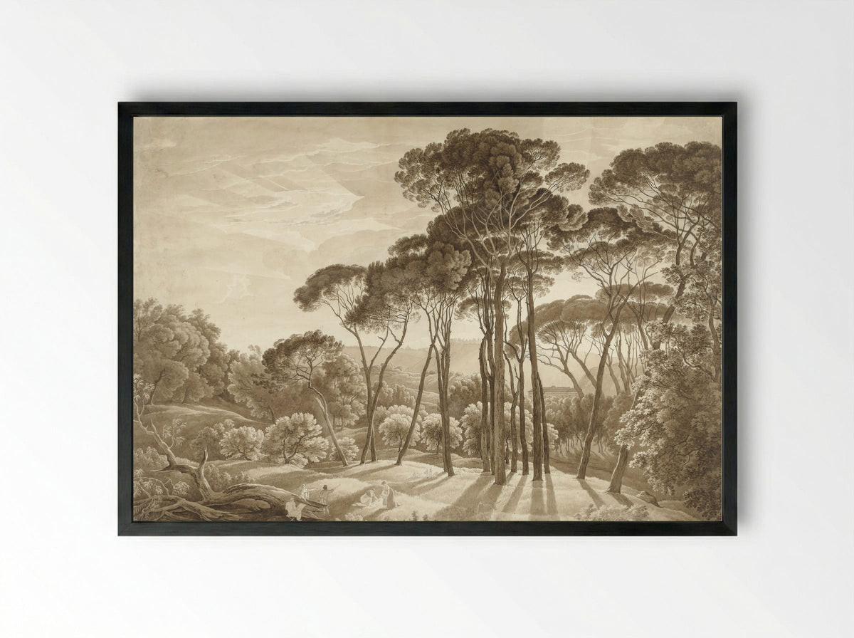 Boslandschap in de omgeving van Rome met ondergaande zon - Hendrik Voogd - Framed Print Black