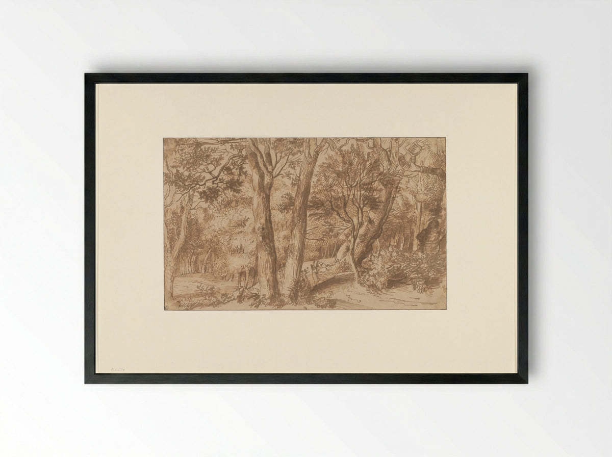 Boslandschap met een hert - Jan Lievens - Framed Print Black