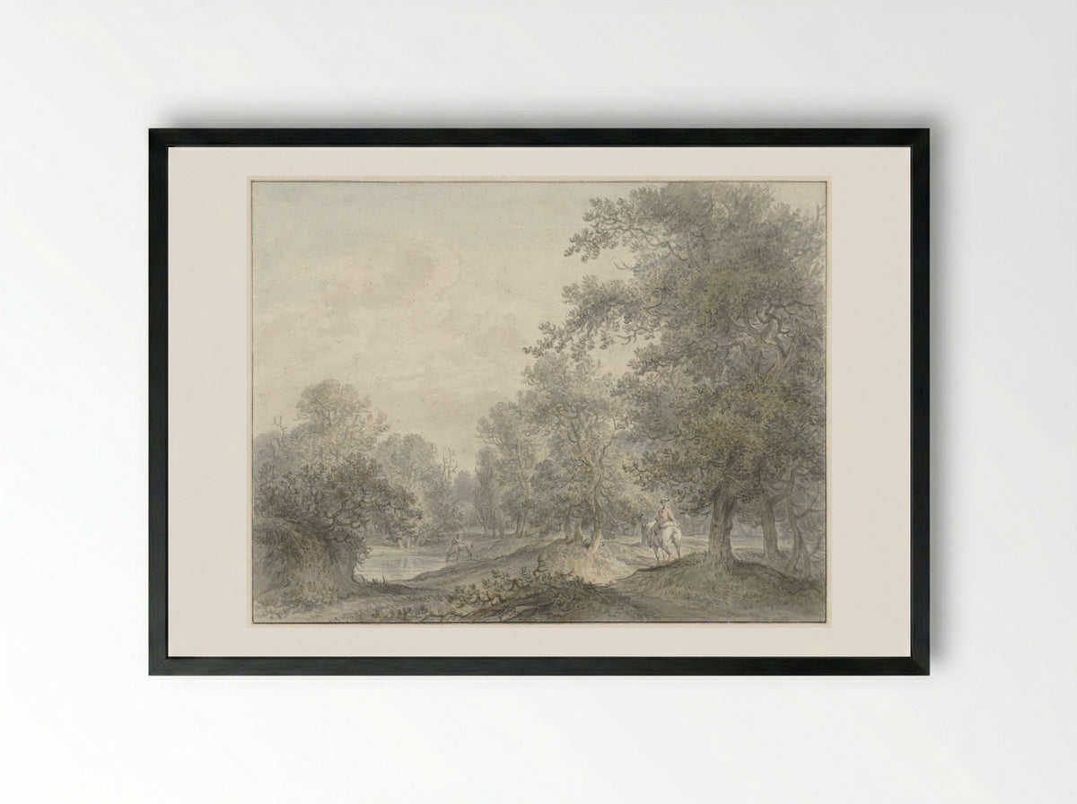 Boslandschap met ruiter en vijver - Jacobus Versteegen - Framed Print Black