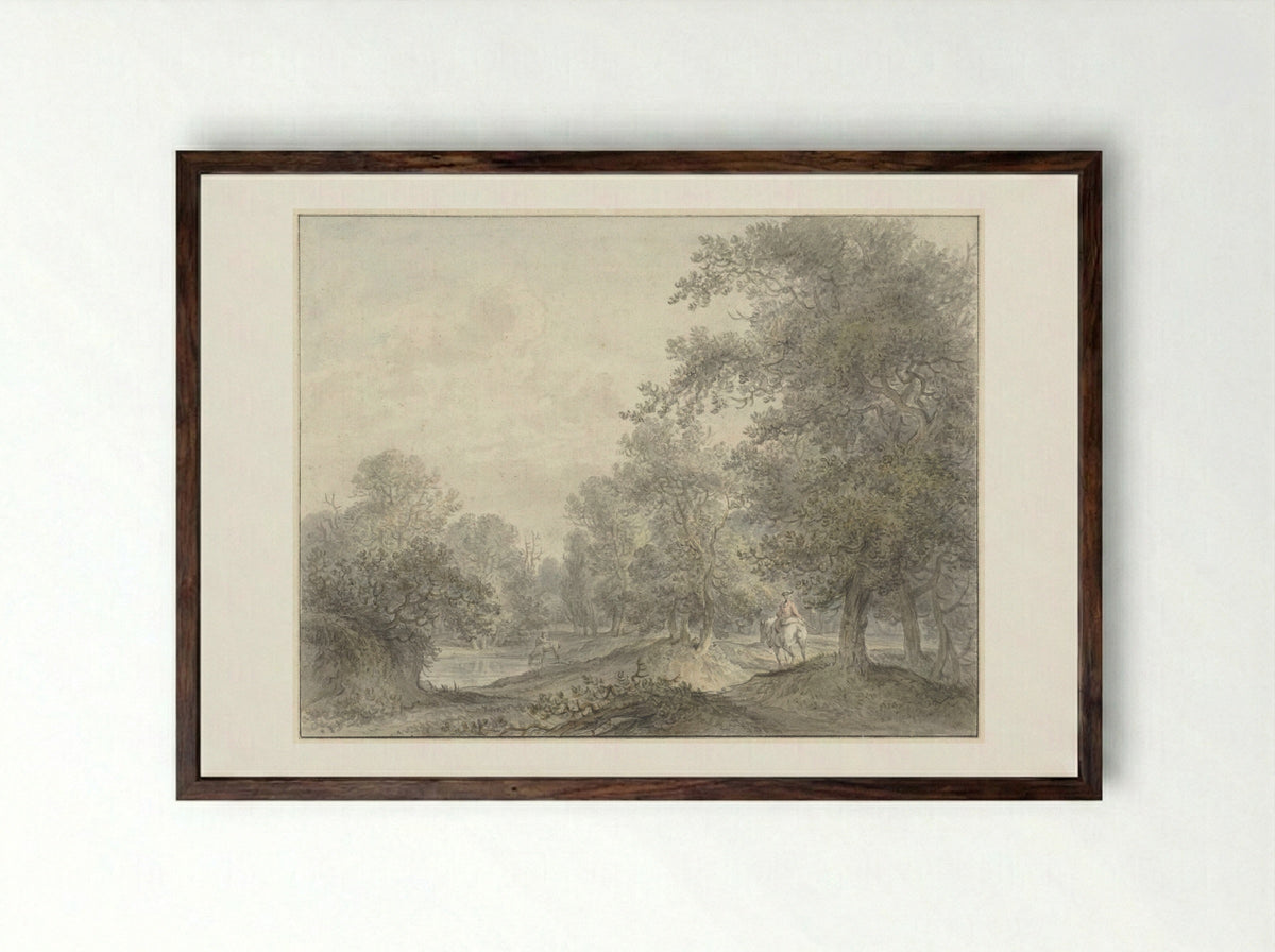 Boslandschap met ruiter en vijver - Jacobus Versteegen - Framed Print Dark Wood