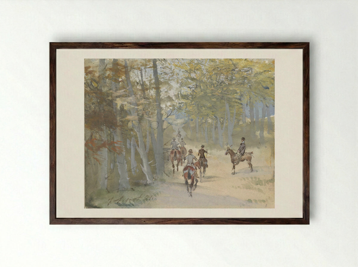 Boslandschap met ruiters - Jules Finot - Framed Print Dark Wood