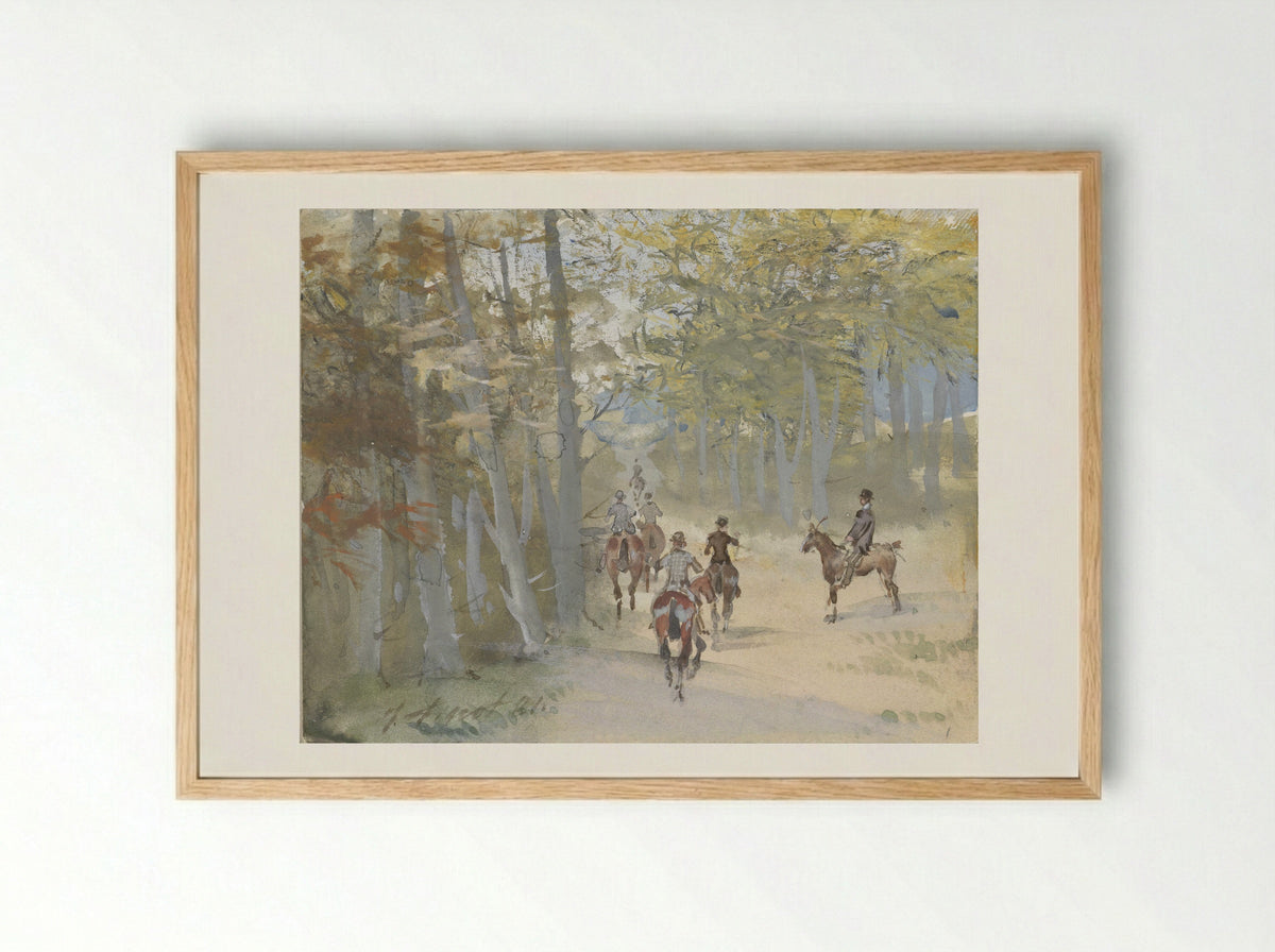 Boslandschap met ruiters - Jules Finot - Framed Print Wood