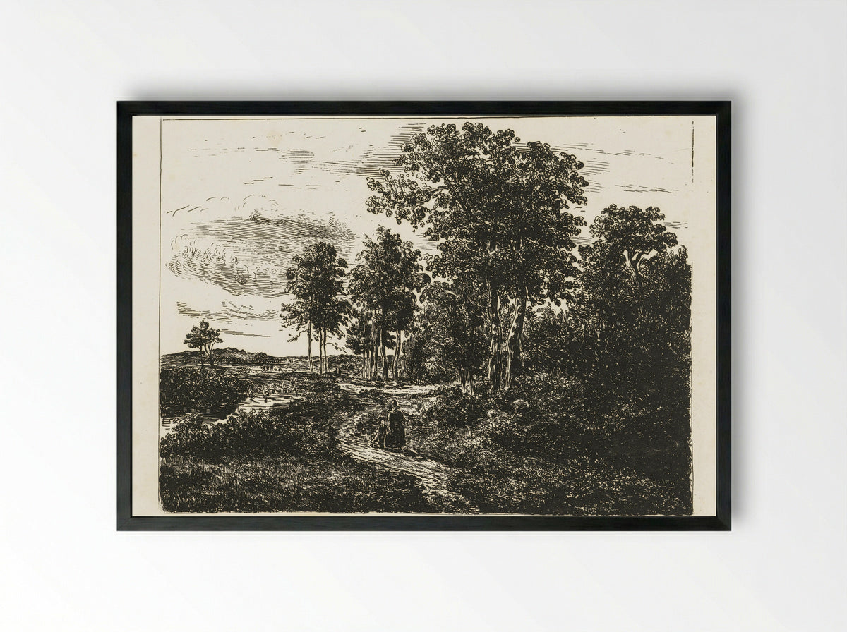 Boslandschap met vrouw en jongen op weg - Johannes Adrianus van der Drift - Framed Print Black