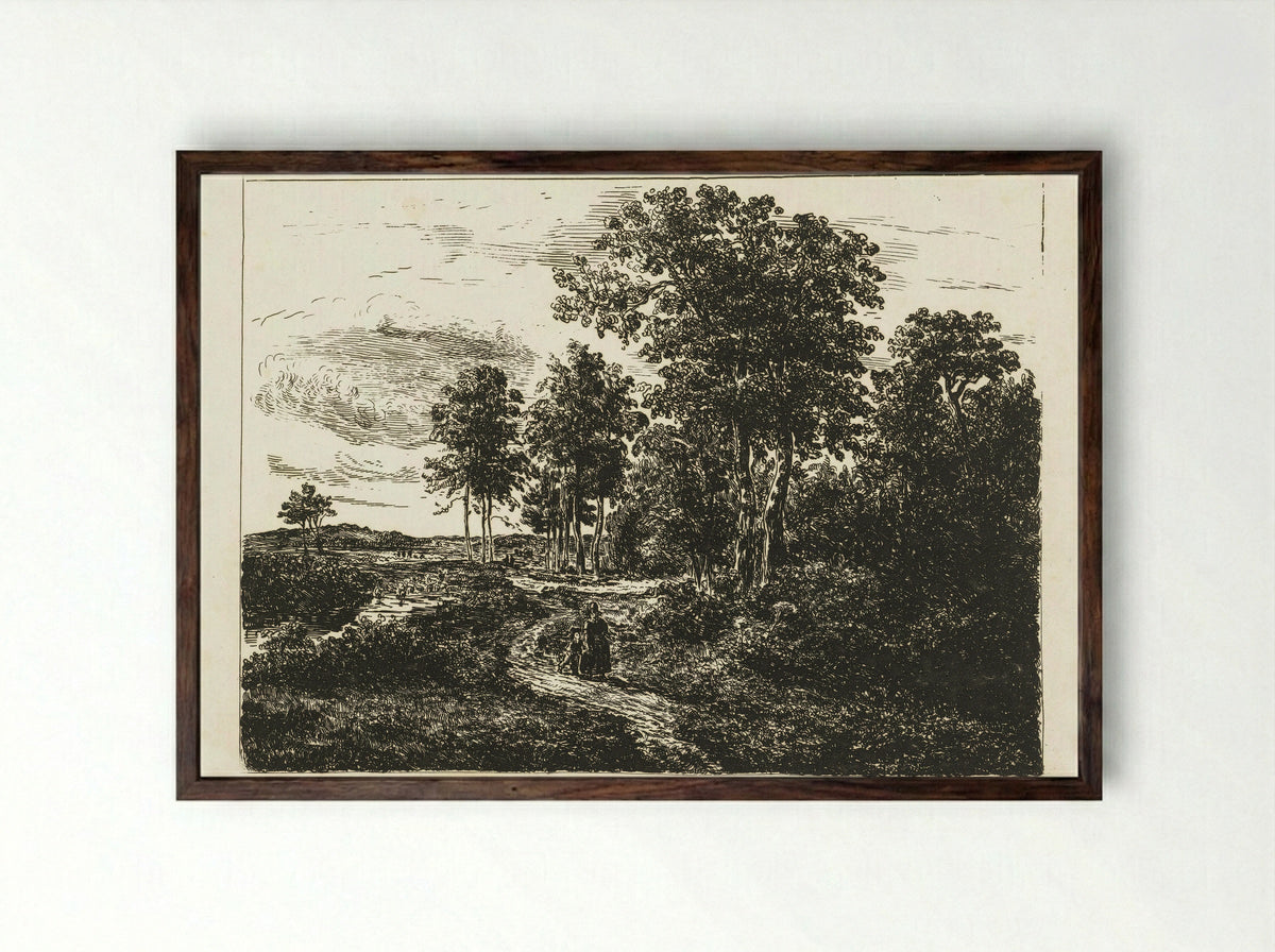 Boslandschap met vrouw en jongen op weg - Johannes Adrianus van der Drift - Framed Print Dark Wood