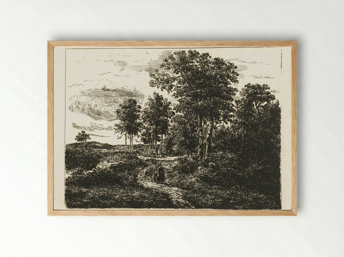 Boslandschap met vrouw en jongen op weg - Johannes Adrianus van der Drift - Framed Print Wood