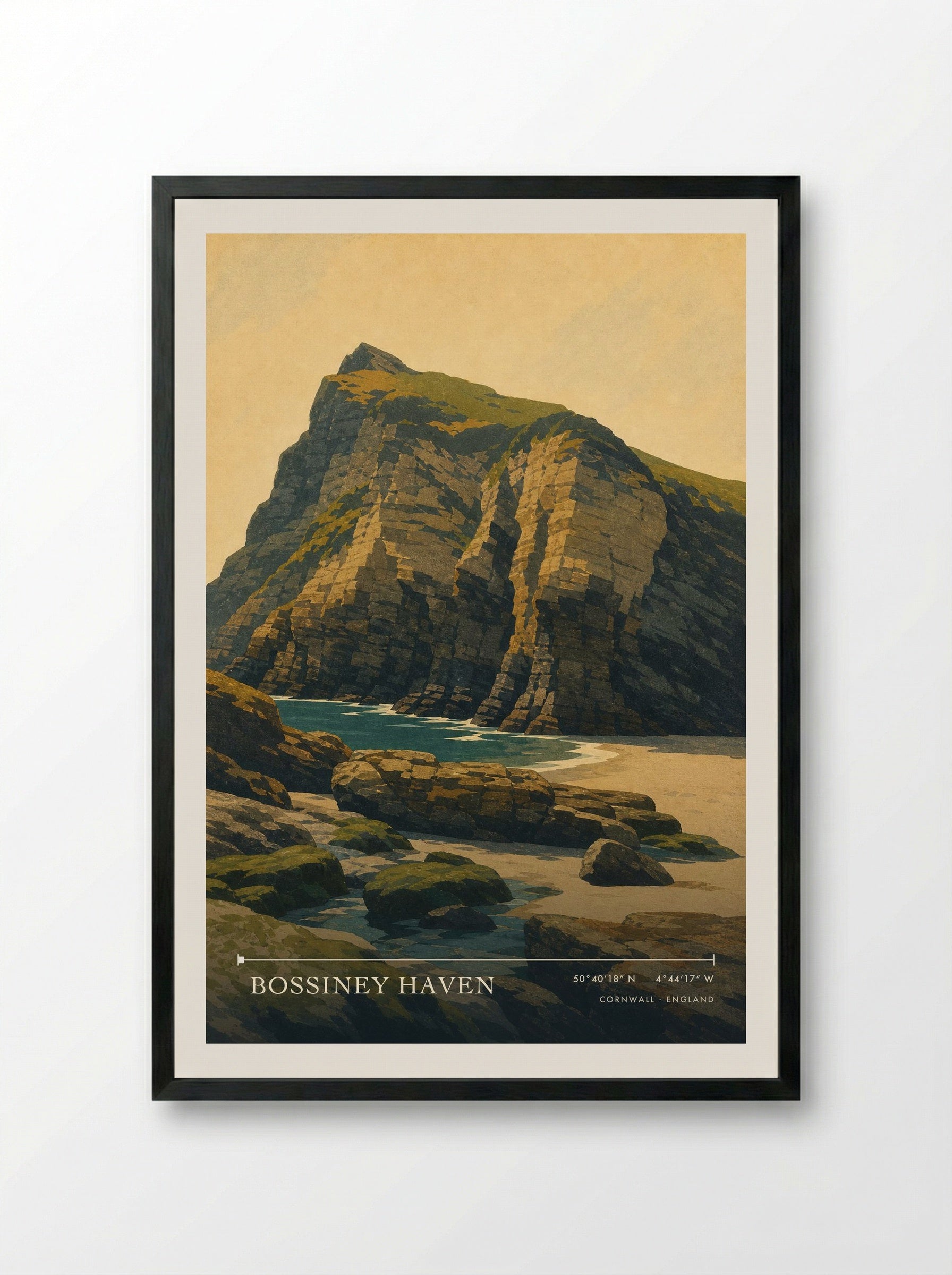 Bossiney Haven Cornwall England Travel Poster - Framed Print Black