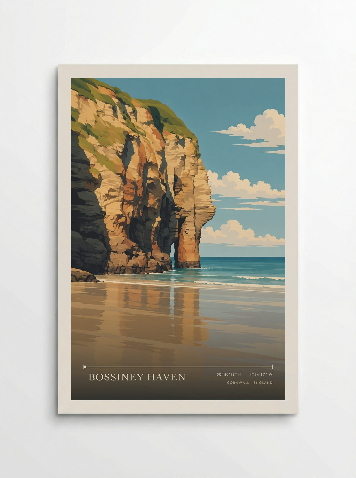 Bossiney Haven, Cornwall travel poster: a high cleft cliff, a natural arch and a small reflective beach beside blue water inside the rocky cove