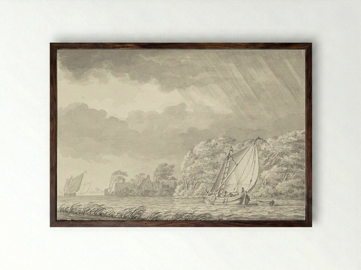 Boten op water met naderend onweer - Johann Goll van Frankenstein (I) - Framed Print Dark Wood