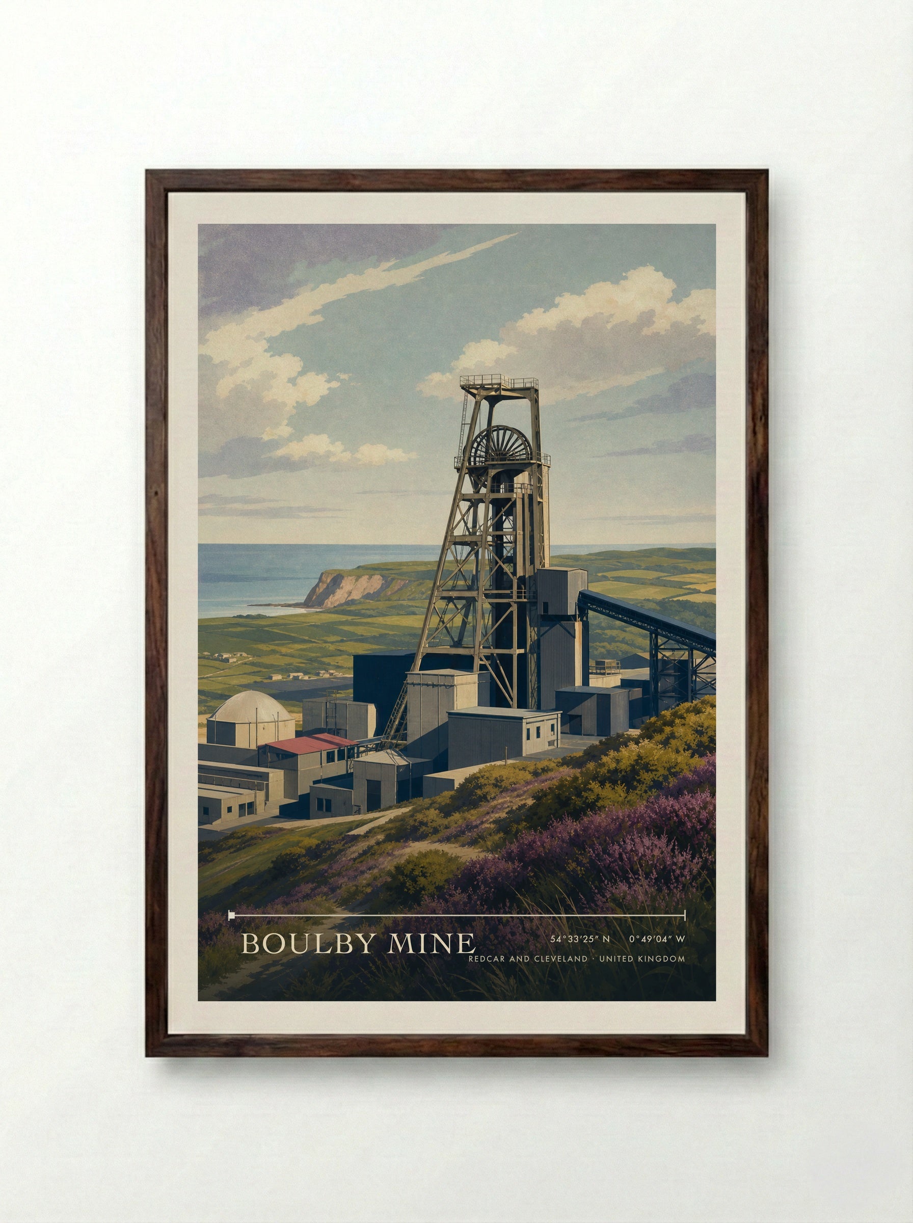 Boulby Mine Redcar and Cleveland United Kingdom Travel Poster - Framed Print Dark Wood