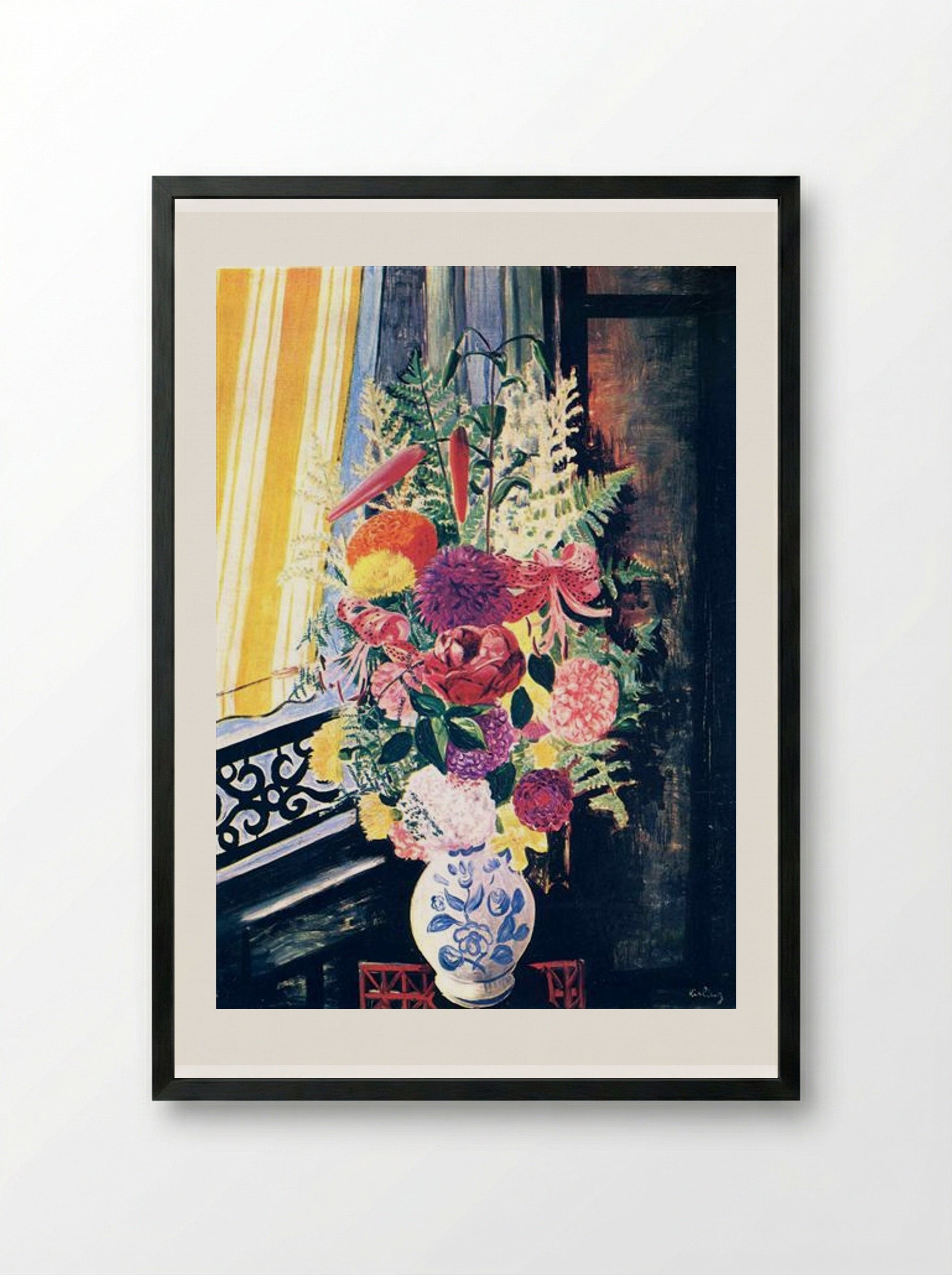 Bouquet of Flowers in a Blue and White Vase - Moïse Kisling - Framed Print Black