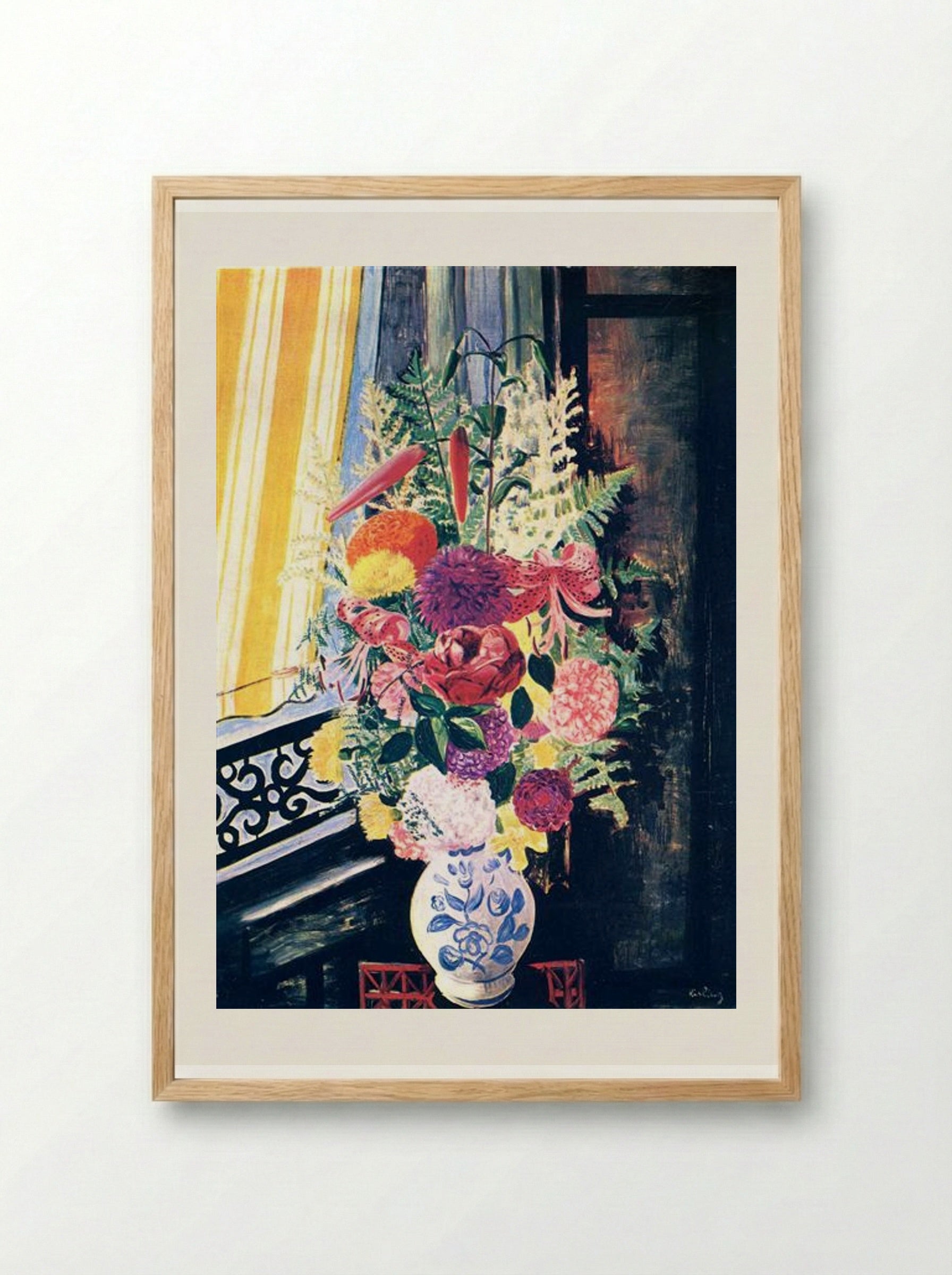 Bouquet of Flowers in a Blue and White Vase - Moïse Kisling - Framed Print Wood