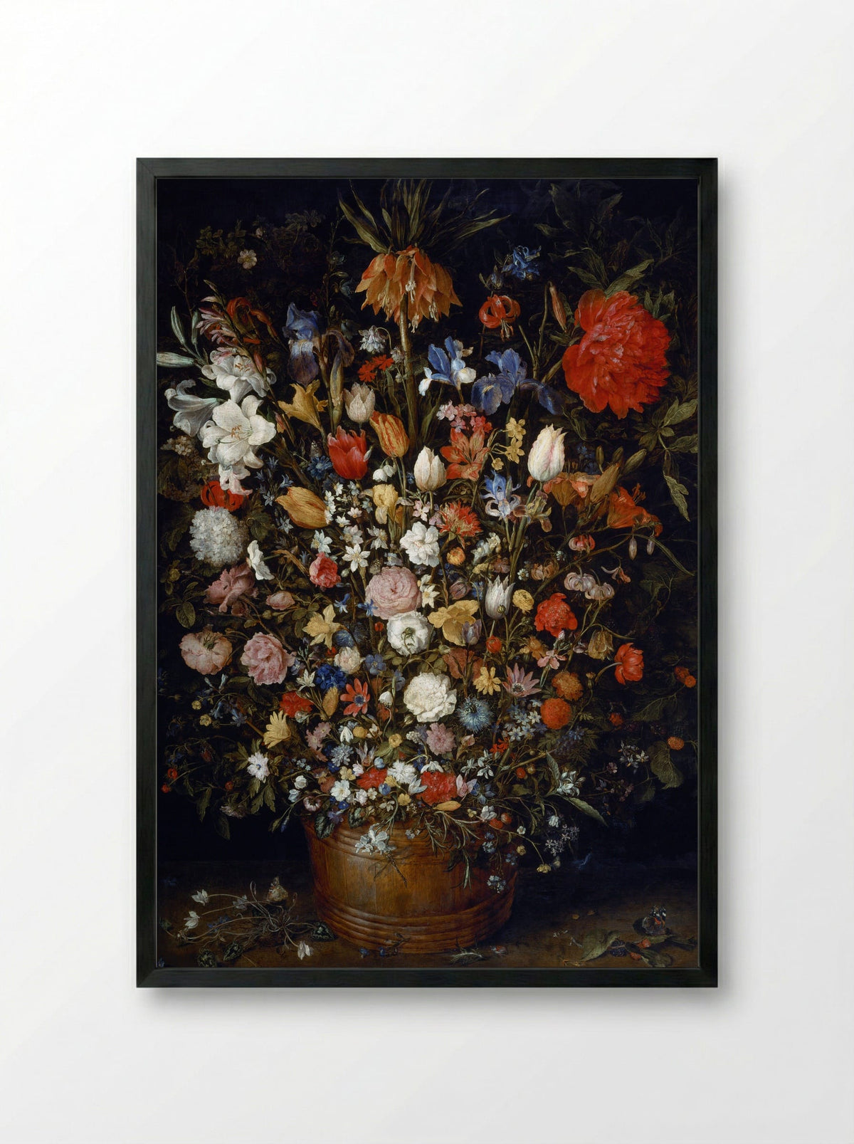 Bouquet of Flowers in a Wooden Vessel - Jan Brueghel the Elder - Framed Print Black