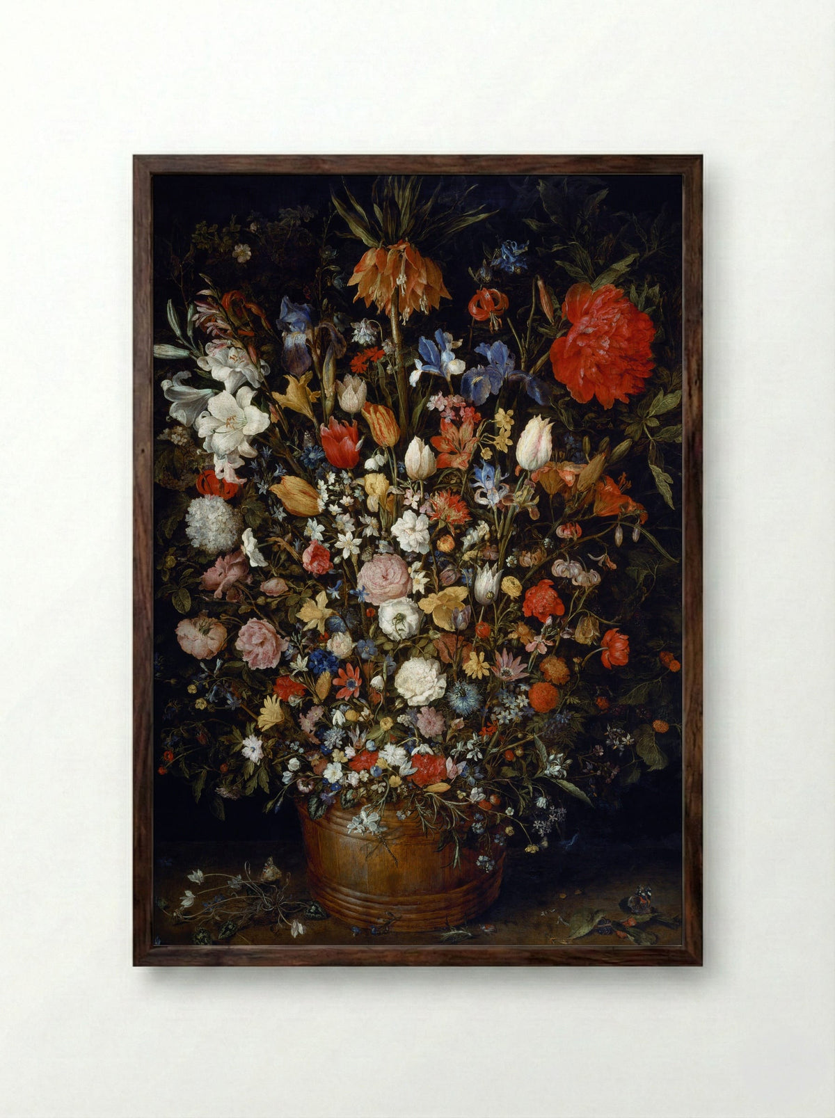 Bouquet of Flowers in a Wooden Vessel - Jan Brueghel the Elder - Framed Print Dark Wood