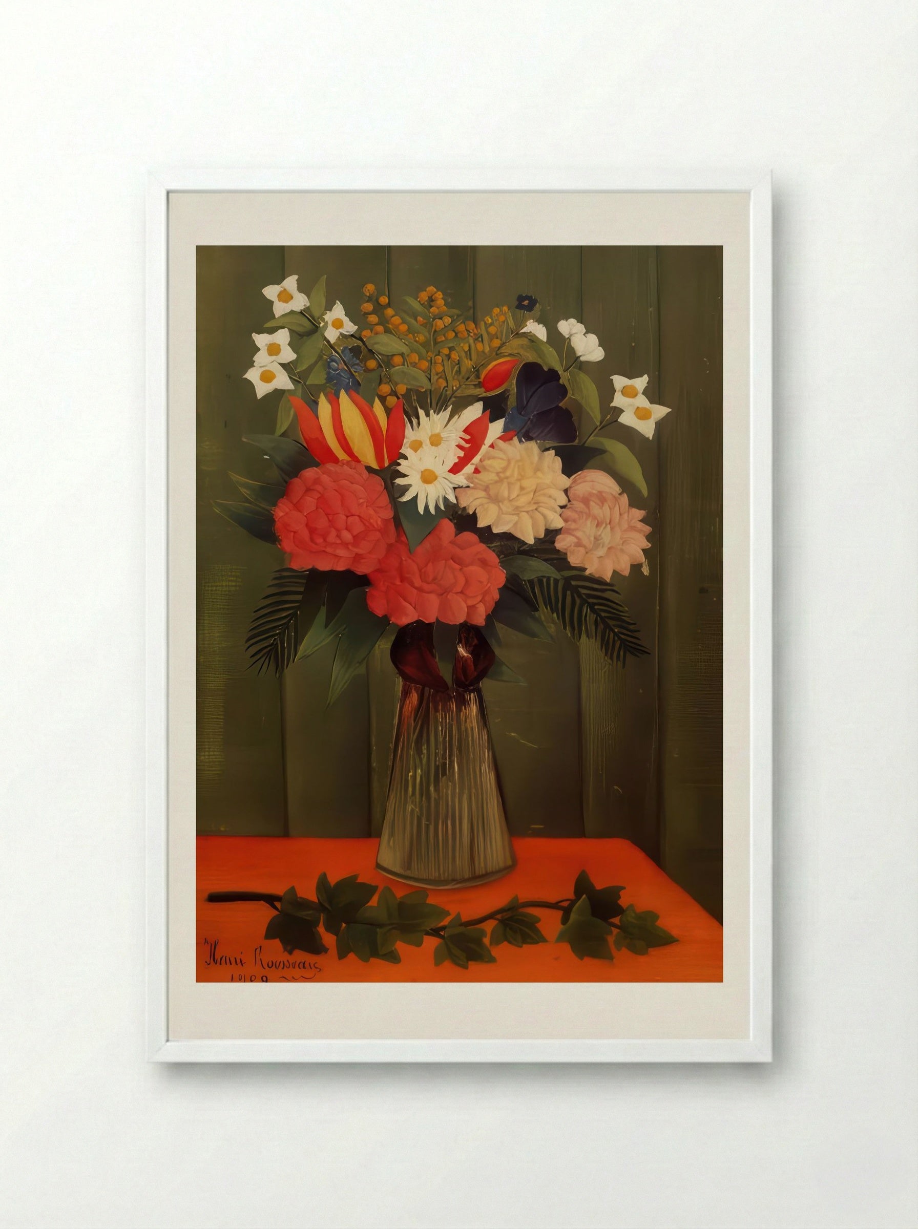 Bouquet of Flowers with Ivy Branch by Henri Rousseau – Vintage Botanical Still Life Print - Framed Print White