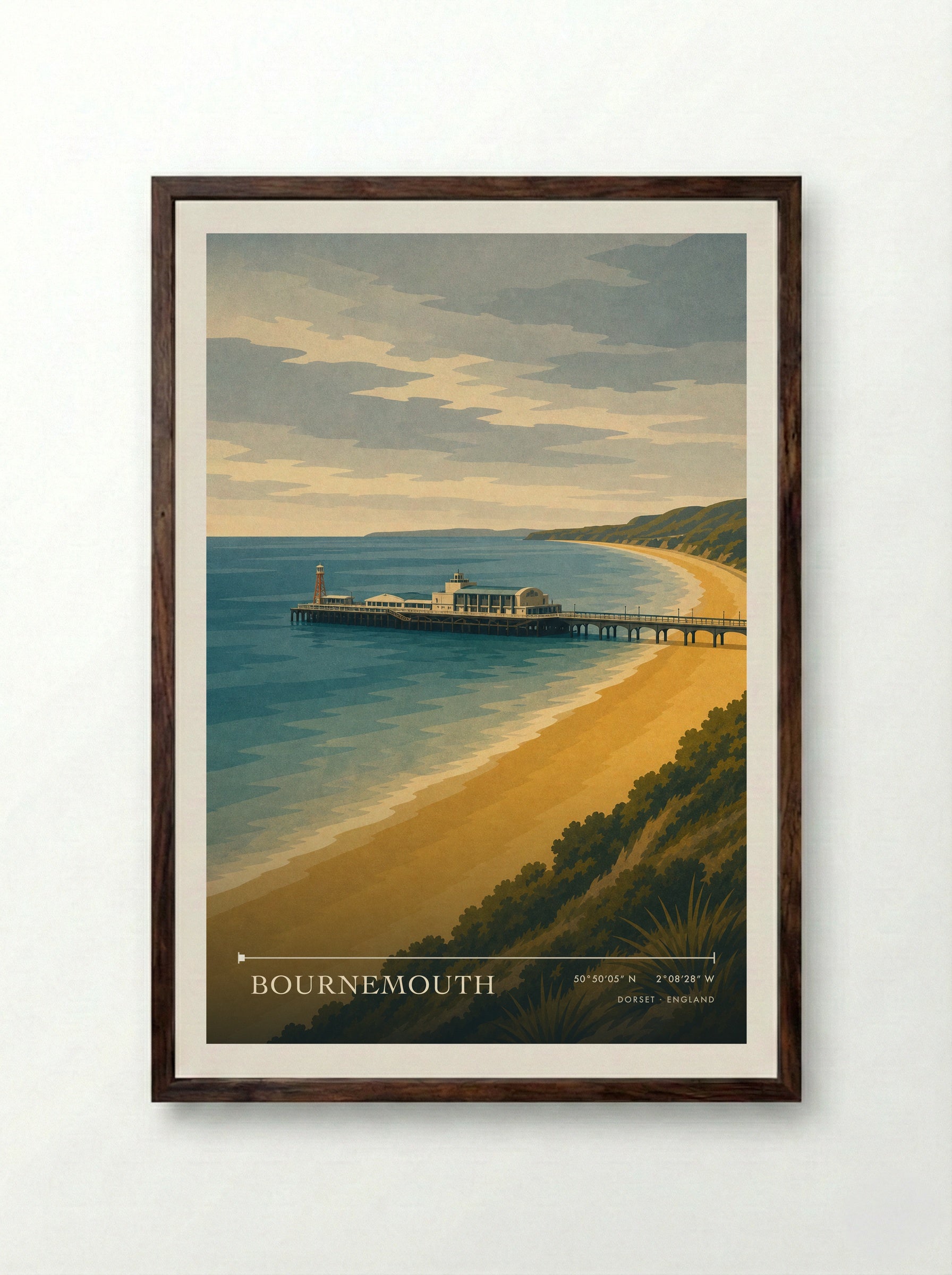 Bournemouth Travel Poster Artwork - Framed Print Dark Wood