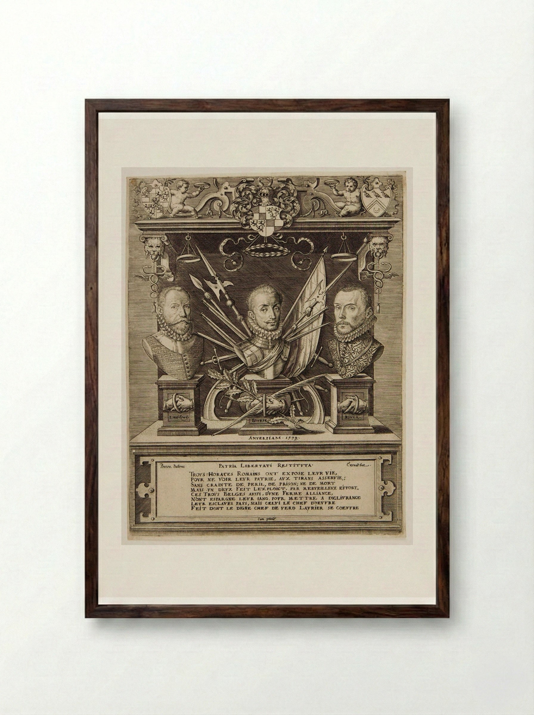 Bourse, Pontus de Noyelles, Lord of; Liedekercke, Jean de Redeghem or Hanaert, Baron; Rouck, Willem de, Baron - Johannes Wierix - Framed Print Dark Wood