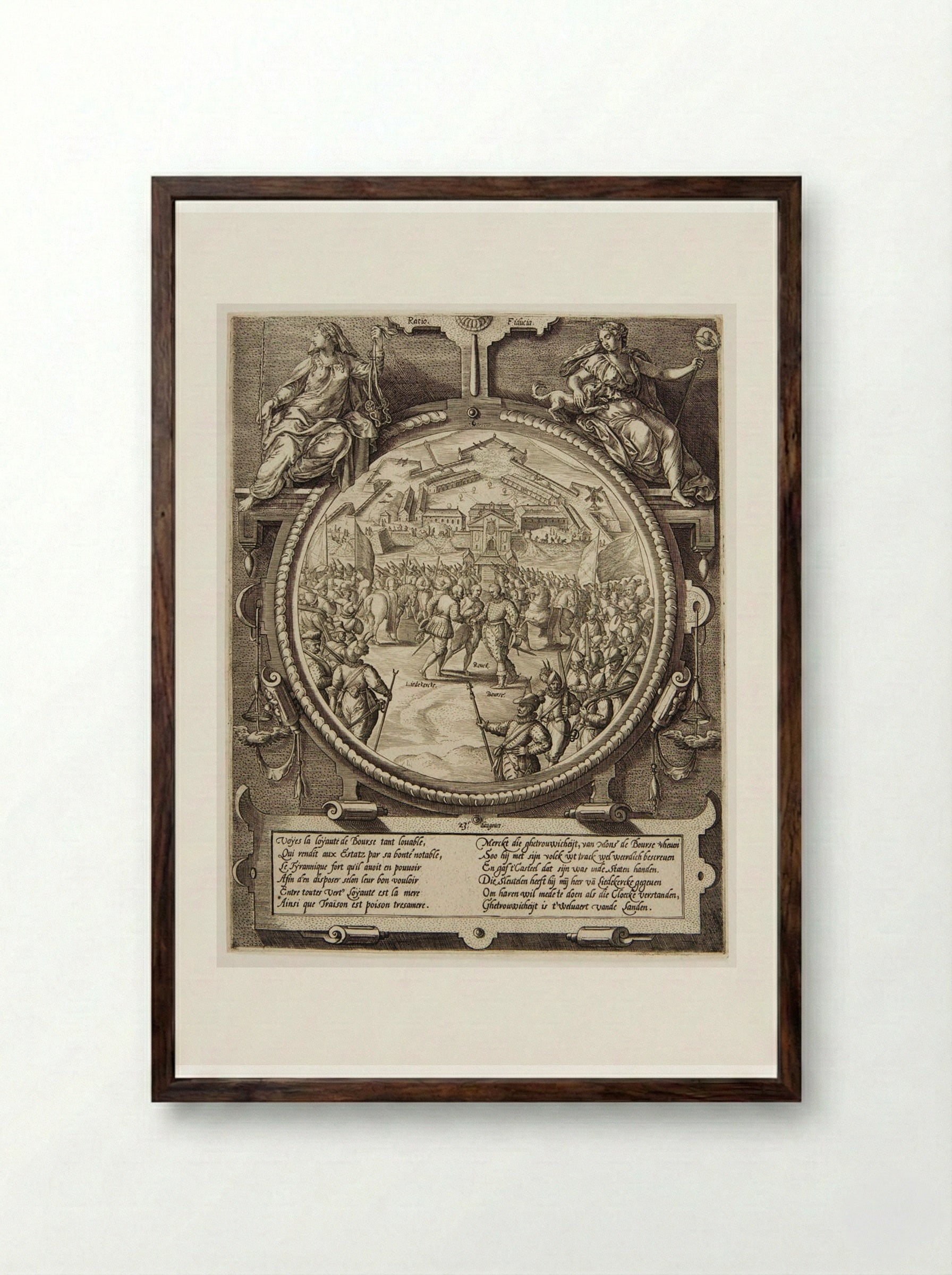 Boursse Handing Over the Keys of the Citadel to Liedekercke, 23 VIII 1577 - Johannes Wierix - Framed Print Dark Wood