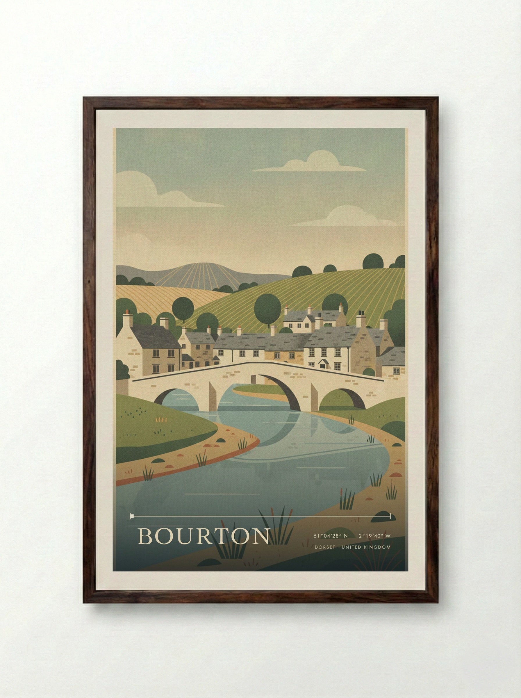 Bourton Dorset United Kingdom Travel Poster - Framed Print Dark Wood