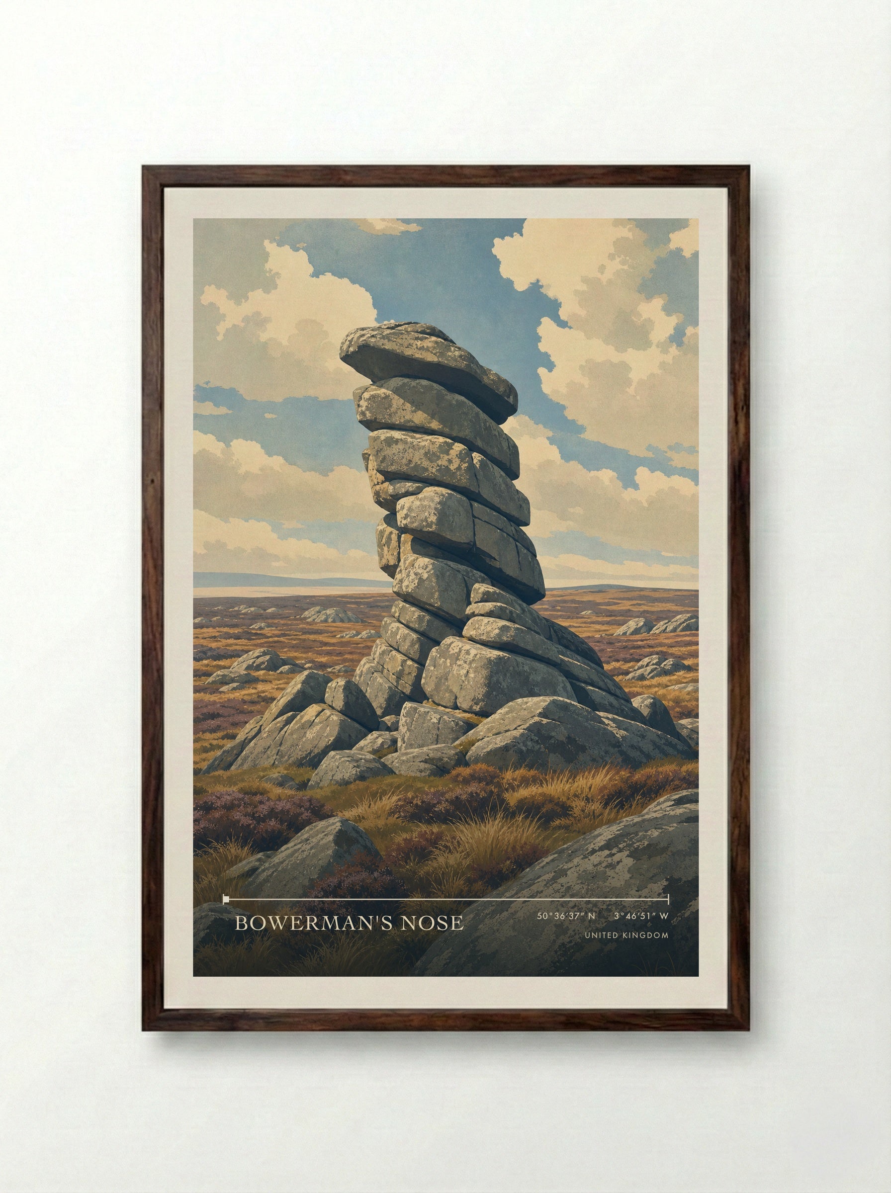 Bowerman's Nose United Kingdom Travel Poster - Framed Print Dark Wood