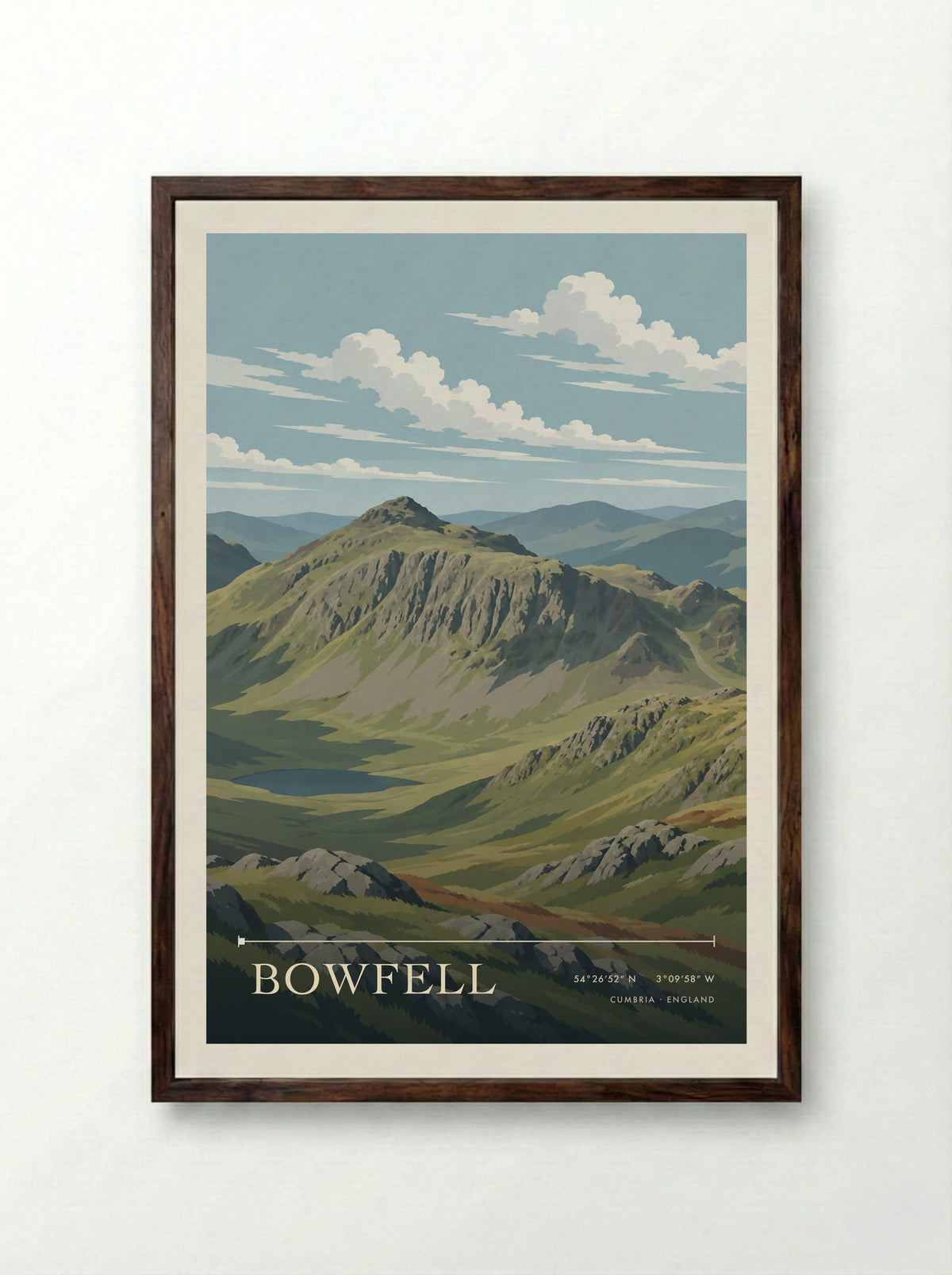 Bowfell, Cumbria | Travel Poster - Framed Print Dark Wood