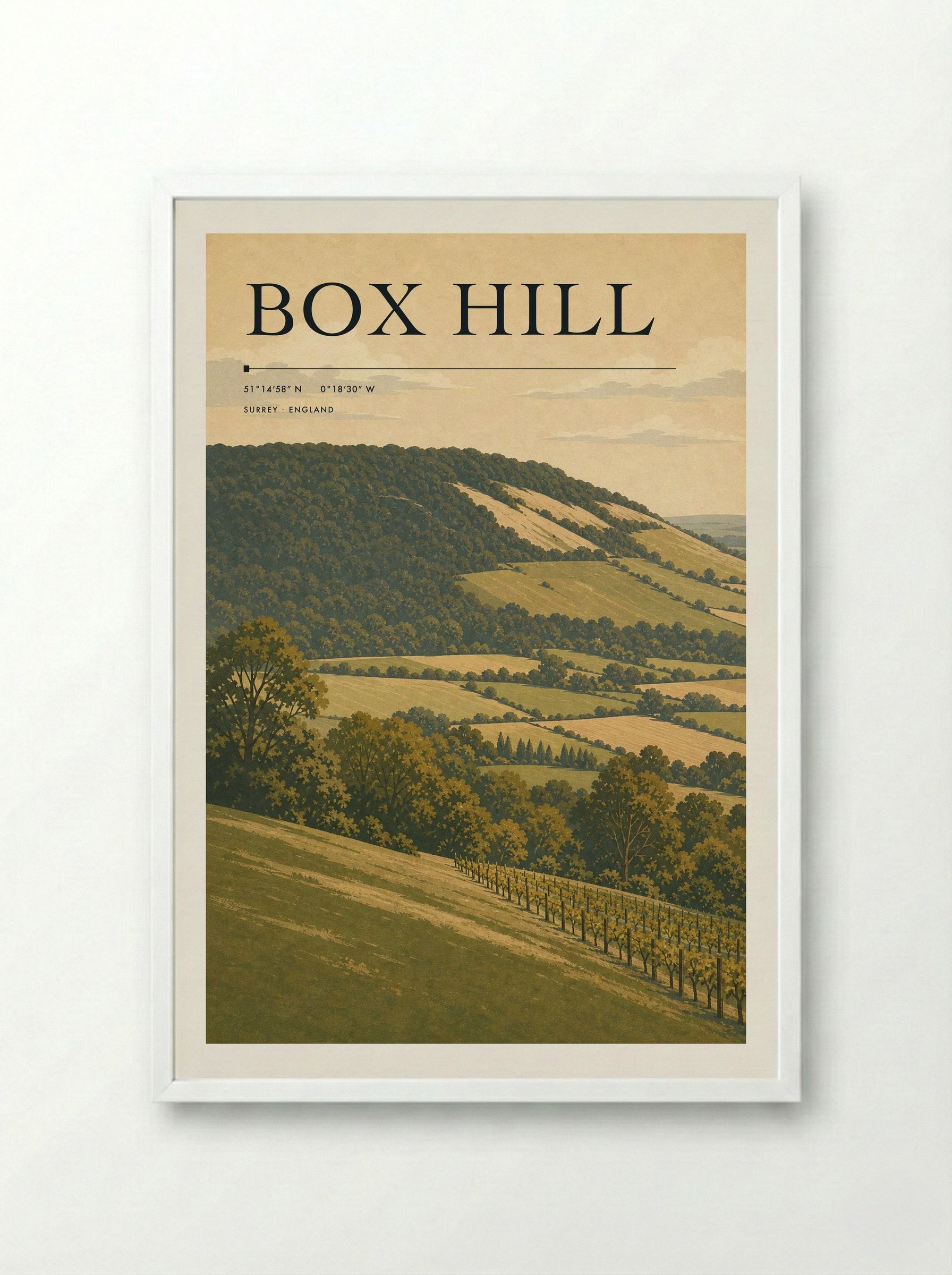 Box Hill Surrey England Travel Poster - Framed Print White