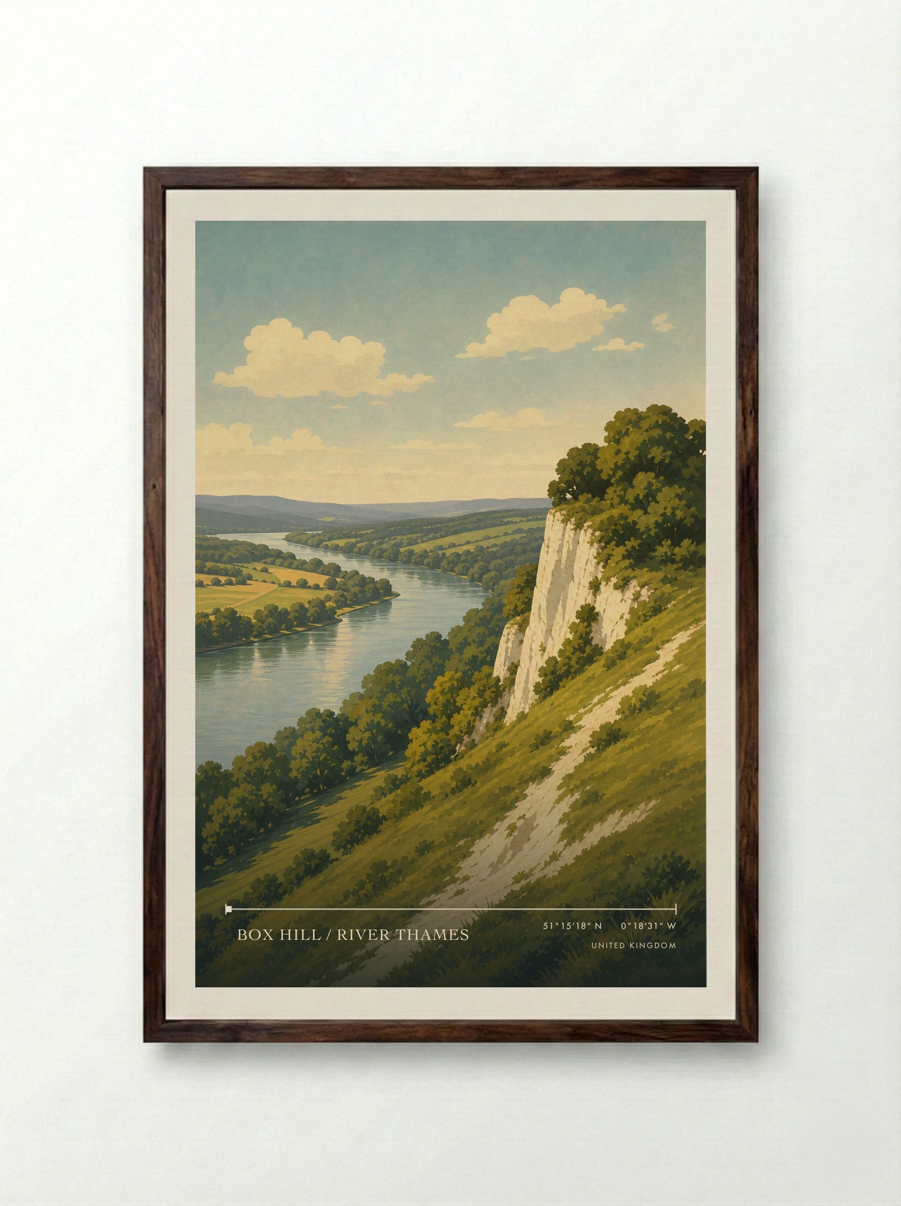 Box Hill / River Thames United Kingdom Travel Poster - Framed Print Dark Wood