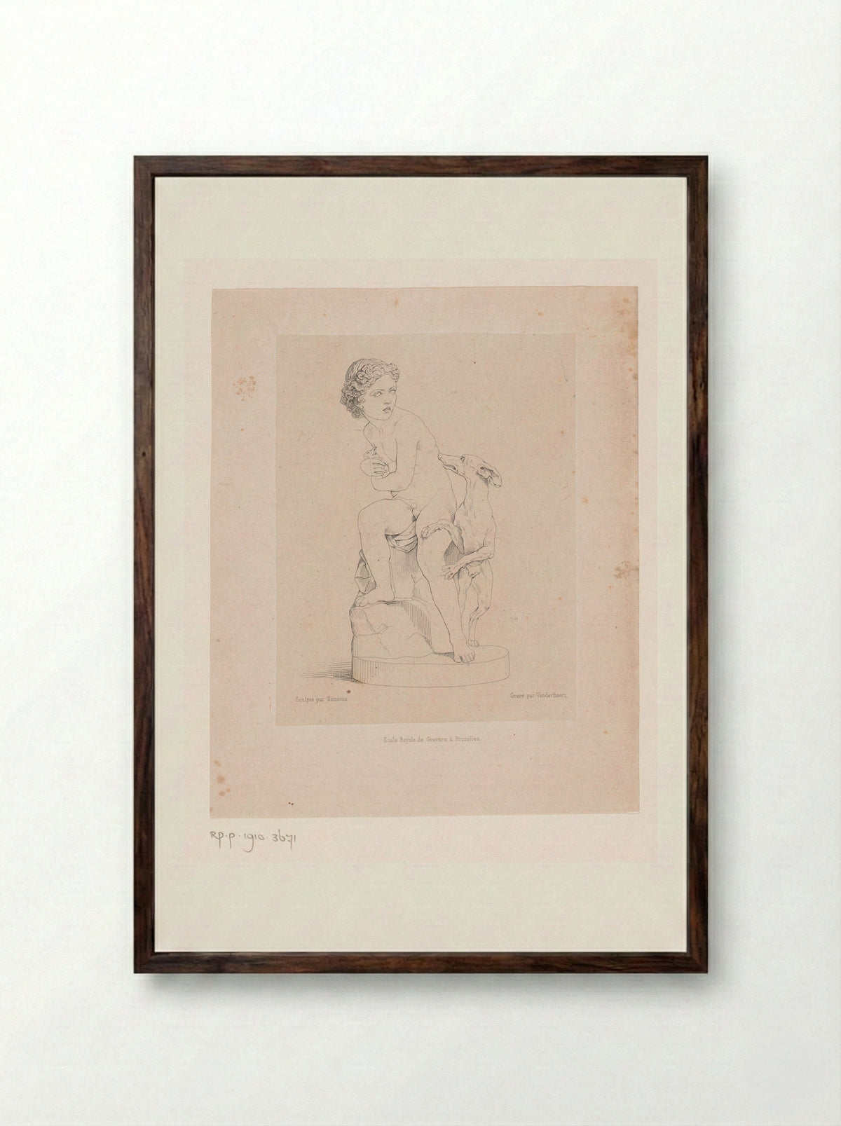 Boy Hiding a Rabbit from a Greyhound - J.P. Meline - Framed Print Dark Wood