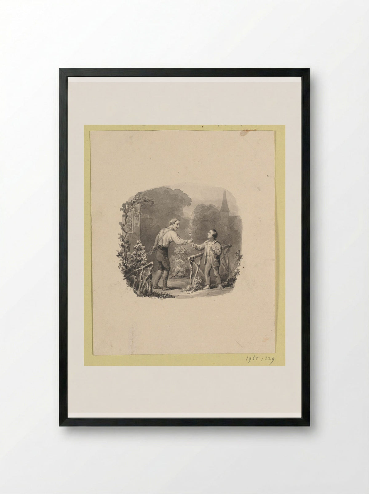 Boy Receiving a Flower from a Gardener - Johann Wilhelm Kaiser (I) - Framed Print Black