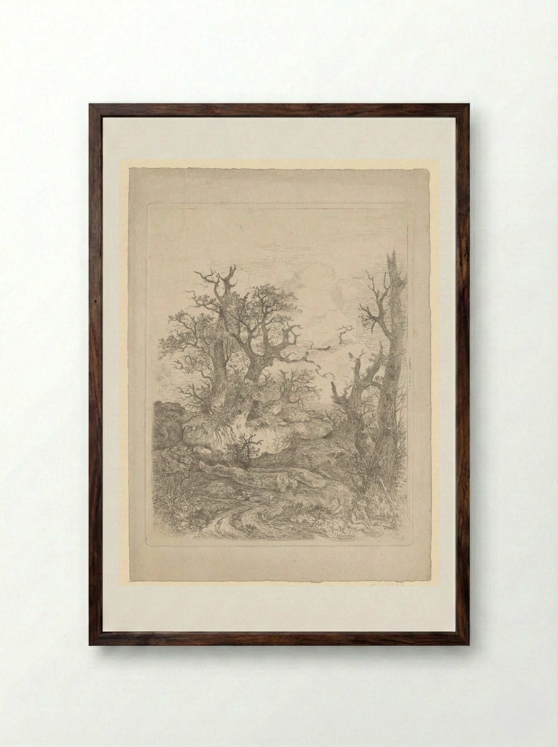 Boy Sitting Before a Bare Tree, Three Tree Trunks in the Centre - John Crome - Framed Print Dark Wood
