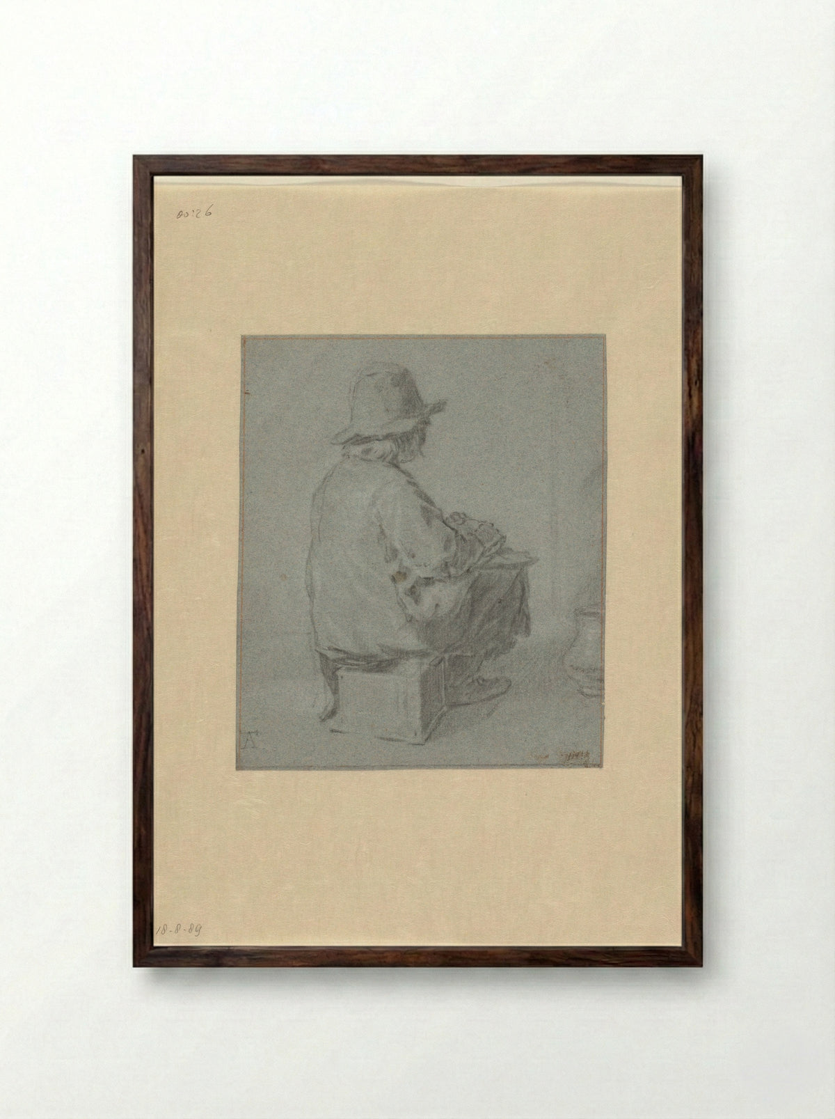 Boy Sitting on a Foot Warmer - Monogrammist AT - Framed Print Dark Wood