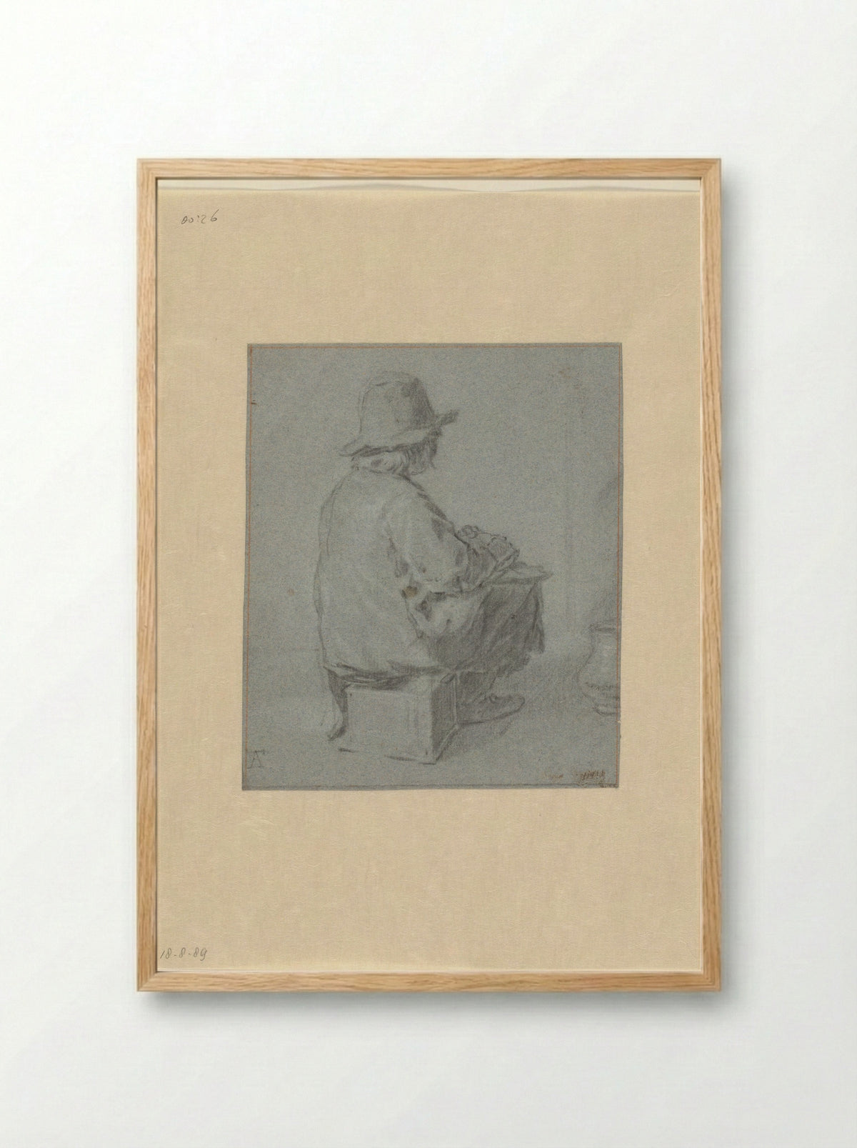 Boy Sitting on a Foot Warmer - Monogrammist AT - Framed Print Wood