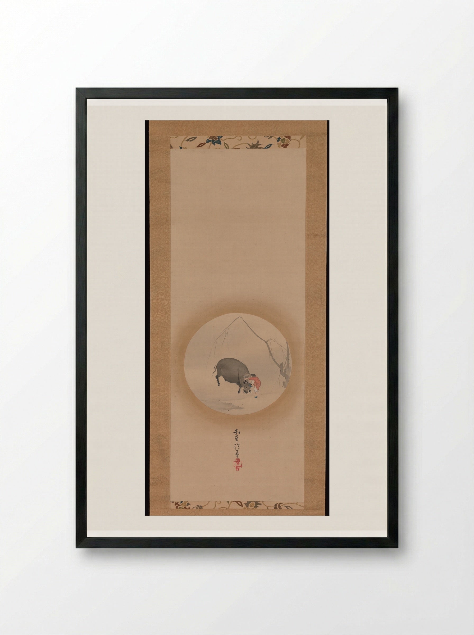Boy Trying to Make an Ox Drink - Sakai Hōitsu - Framed Print Black