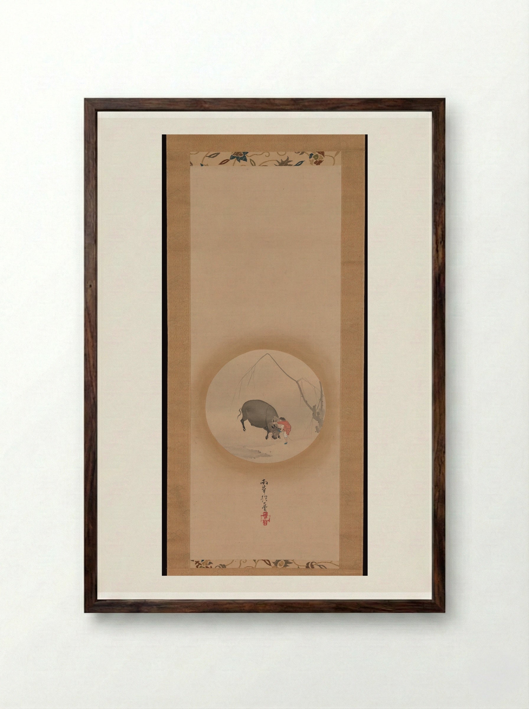Boy Trying to Make an Ox Drink - Sakai Hōitsu - Framed Print Dark Wood